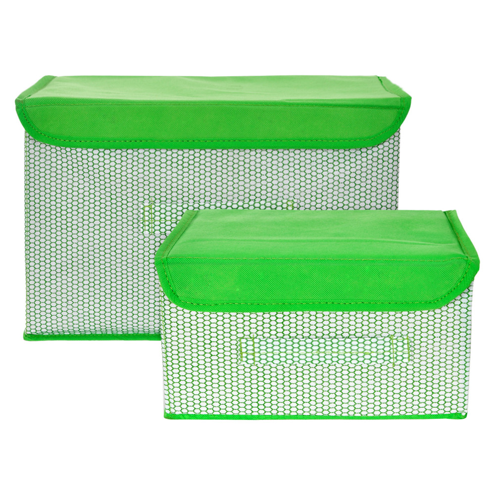 Kuber Industries Drawer Storage Box | Zig Zag Dhakkan Storage Box | Non-Woven Clothes Organizer | Storage Box with Handle | S | M | Pack of 2 | Green