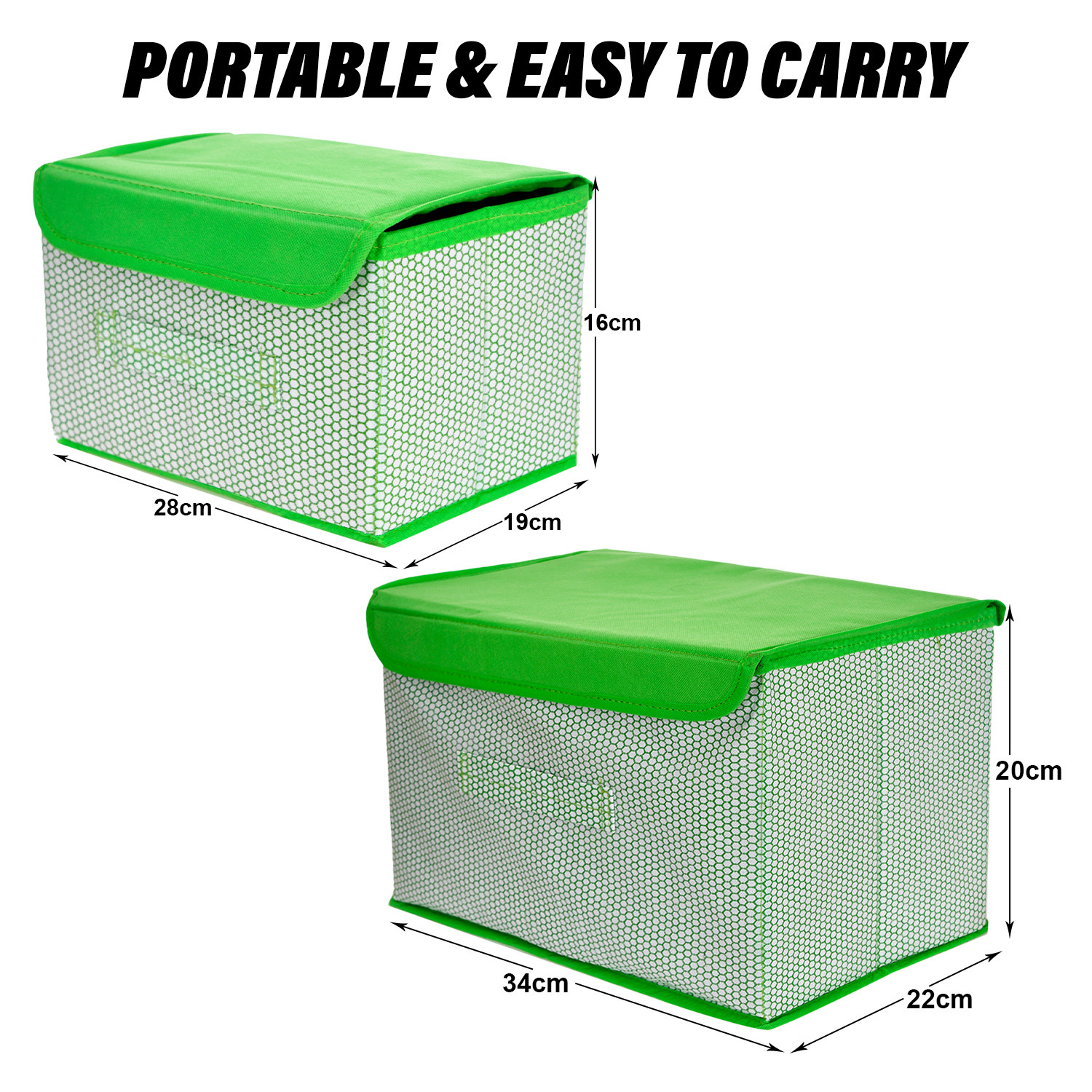 Kuber Industries Drawer Storage Box | Zig Zag Dhakkan Storage Box | Non-Woven Clothes Organizer | Storage Box with Handle | S | M | Pack of 2 | Green