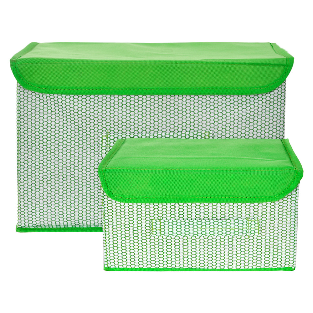 Kuber Industries Drawer Storage Box | Zig Zag Dhakkan Storage Box | Non-Woven Clothes Organizer | Storage Box with Handle | S | L | Pack of 2 | Green