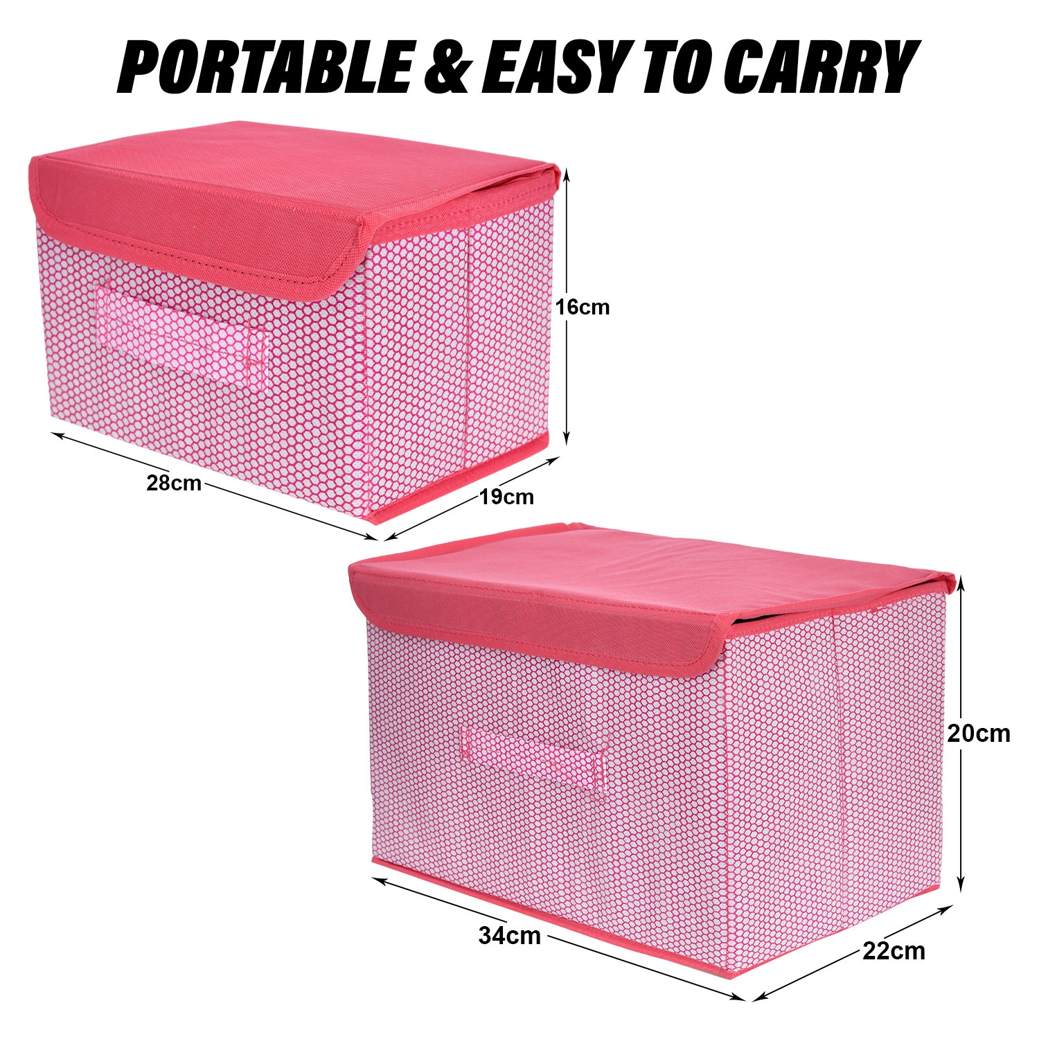 Kuber Industries Drawer Storage Box | Zig Zag Dhakkan Storage Box | Non-Woven Clothes Organizer | Storage Box with Handle | S | M | Pack of 2 | Pink