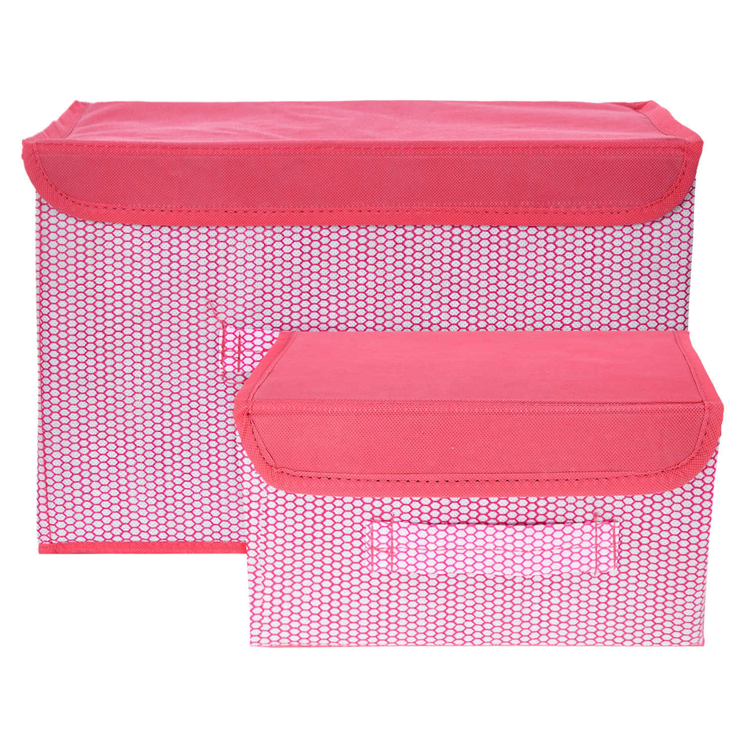 Kuber Industries Drawer Storage Box | Zig Zag Dhakkan Storage Box | Non-Woven Clothes Organizer | Storage Box with Handle | S | L | Pack of 2 | Pink