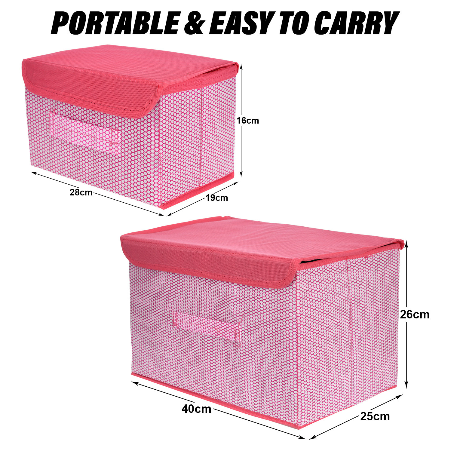 Kuber Industries Drawer Storage Box | Zig Zag Dhakkan Storage Box | Non-Woven Clothes Organizer | Storage Box with Handle | S | L | Pack of 2 | Pink