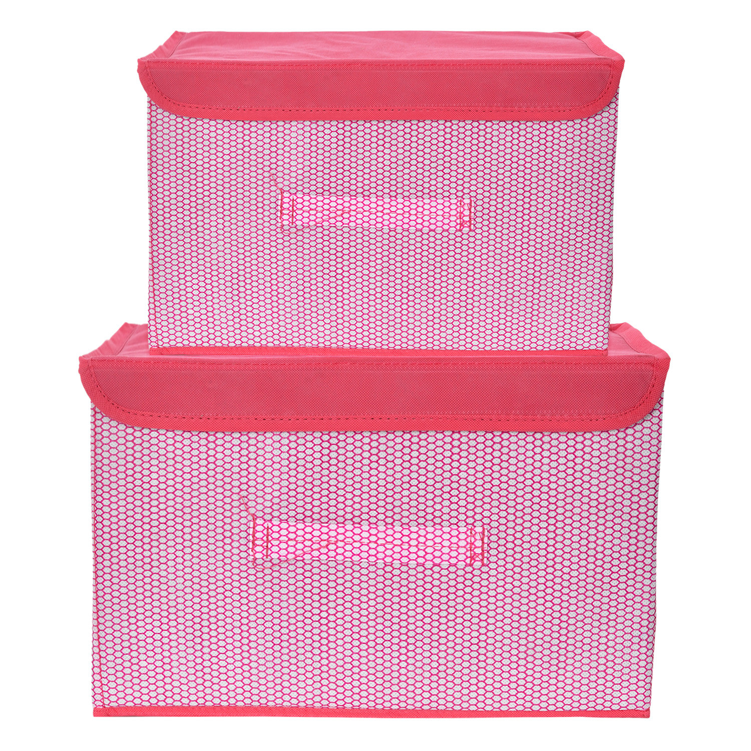 Kuber Industries Drawer Storage Box | Zig Zag Dhakkan Storage Box | Non-Woven Clothes Organizer | Storage Box with Handle | M | L | Pack of 2 | Pink