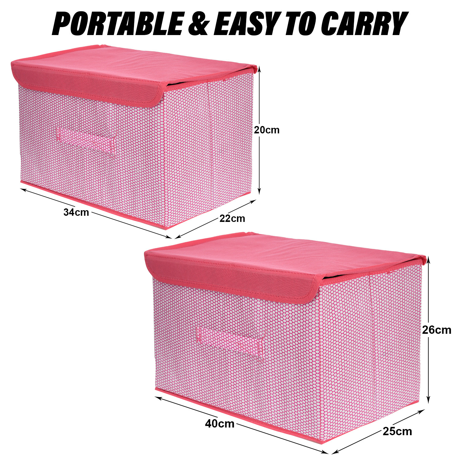 Kuber Industries Drawer Storage Box | Zig Zag Dhakkan Storage Box | Non-Woven Clothes Organizer | Storage Box with Handle | M | L | Pack of 2 | Pink