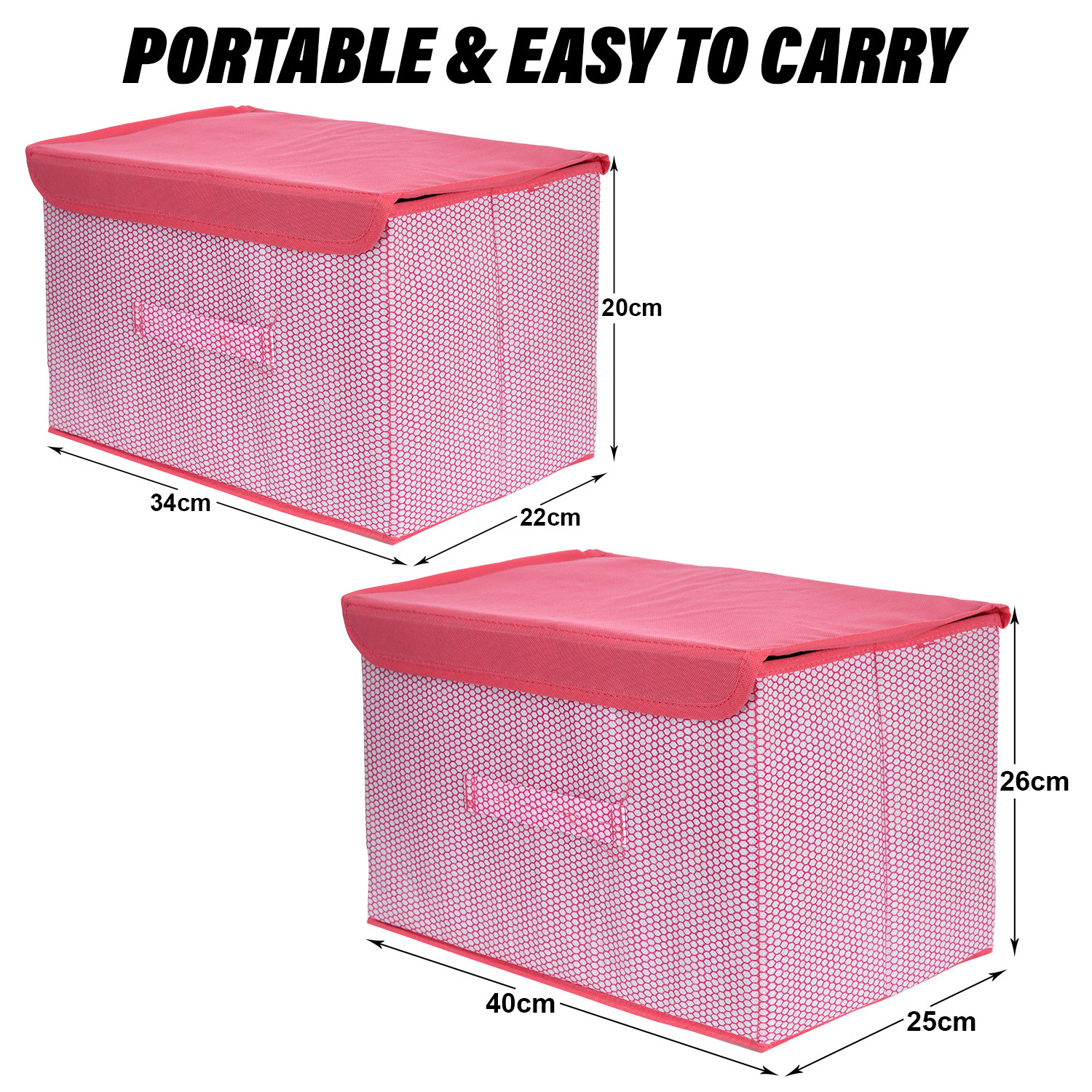 Kuber Industries Drawer Storage Box | Zig Zag Dhakkan Storage Box | Non-Woven Clothes Organizer | Storage Box with Handle | M | L | Pack of 2 | Pink