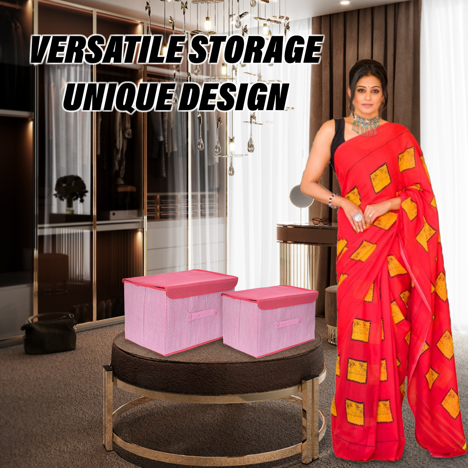 Kuber Industries Drawer Storage Box | Zig Zag Dhakkan Storage Box | Non-Woven Clothes Organizer | Storage Box with Handle | M | L | Pack of 2 | Pink