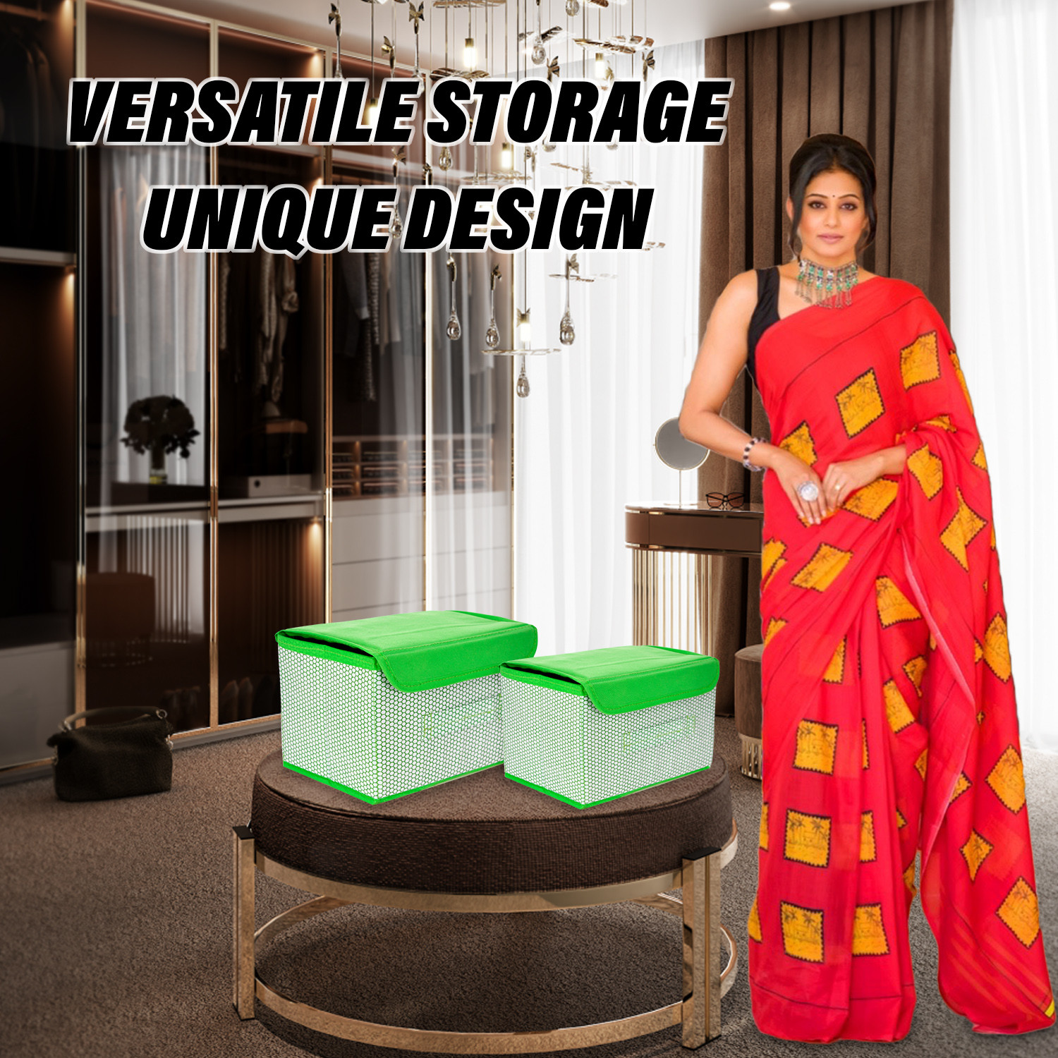 Kuber Industries Drawer Storage Box  Zig Zag Dhakkan Storage Box  Non-Woven Clothes Organizer For Toys  Storage Box with Handle    Green