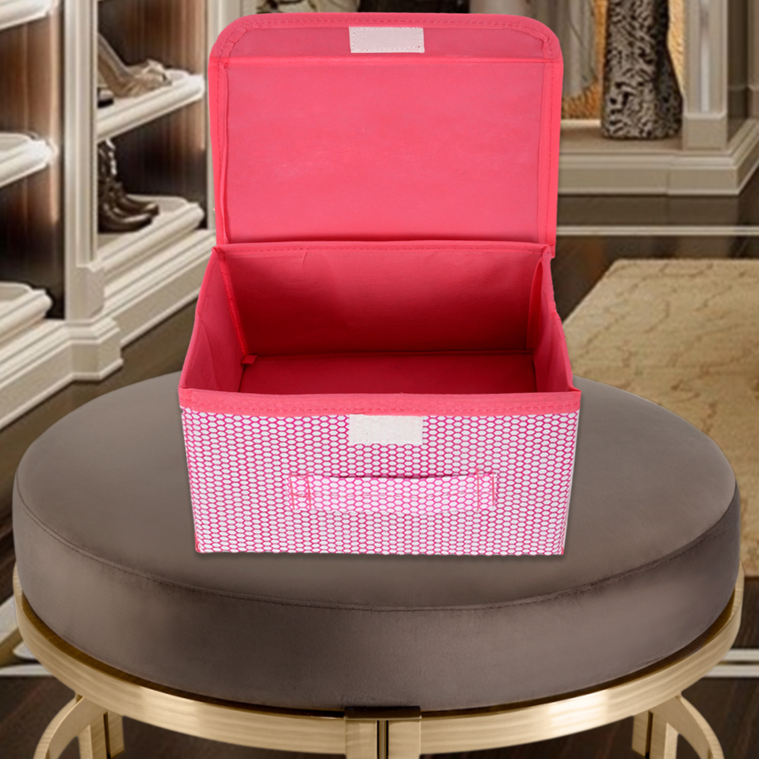Kuber Industries Drawer Storage Box | Zig Zag Dhakkan Storage Box | Non-Woven Clothes Organizer For Toys | Storage Box with Handle | Small | Pink