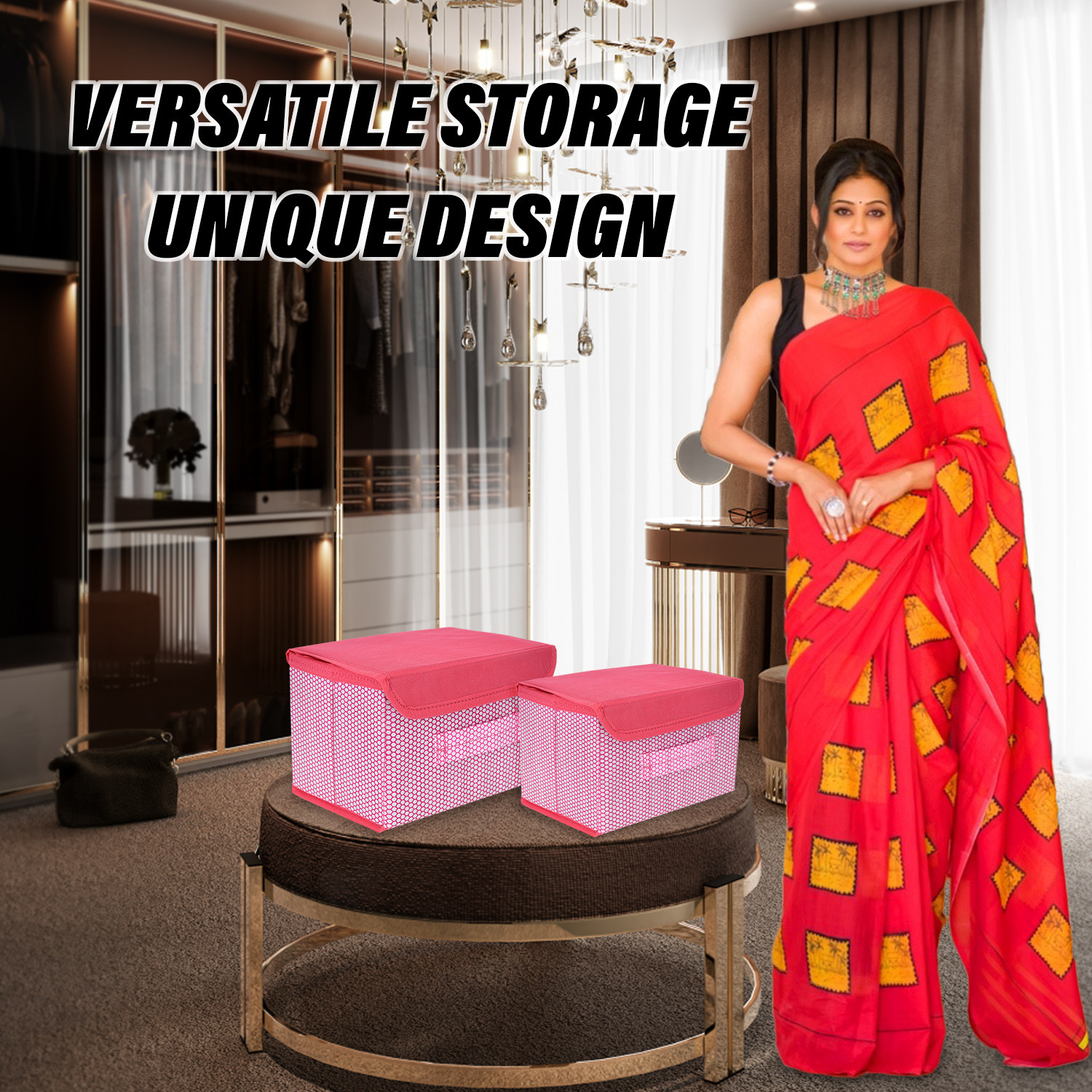 Kuber Industries Drawer Storage Box | Zig Zag Dhakkan Storage Box | Non-Woven Clothes Organizer For Toys | Storage Box with Handle | Small | Pink