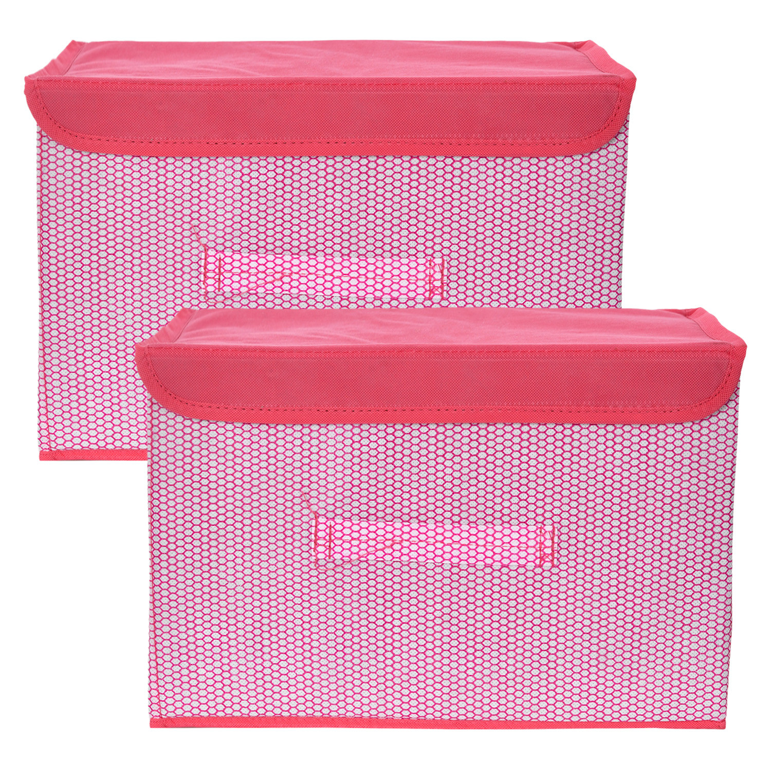 Kuber Industries Drawer Storage Box | Zig Zag Dhakkan Storage Box | Non-Woven Clothes Organizer For Toys | Storage Box with Handle | Large | Pink