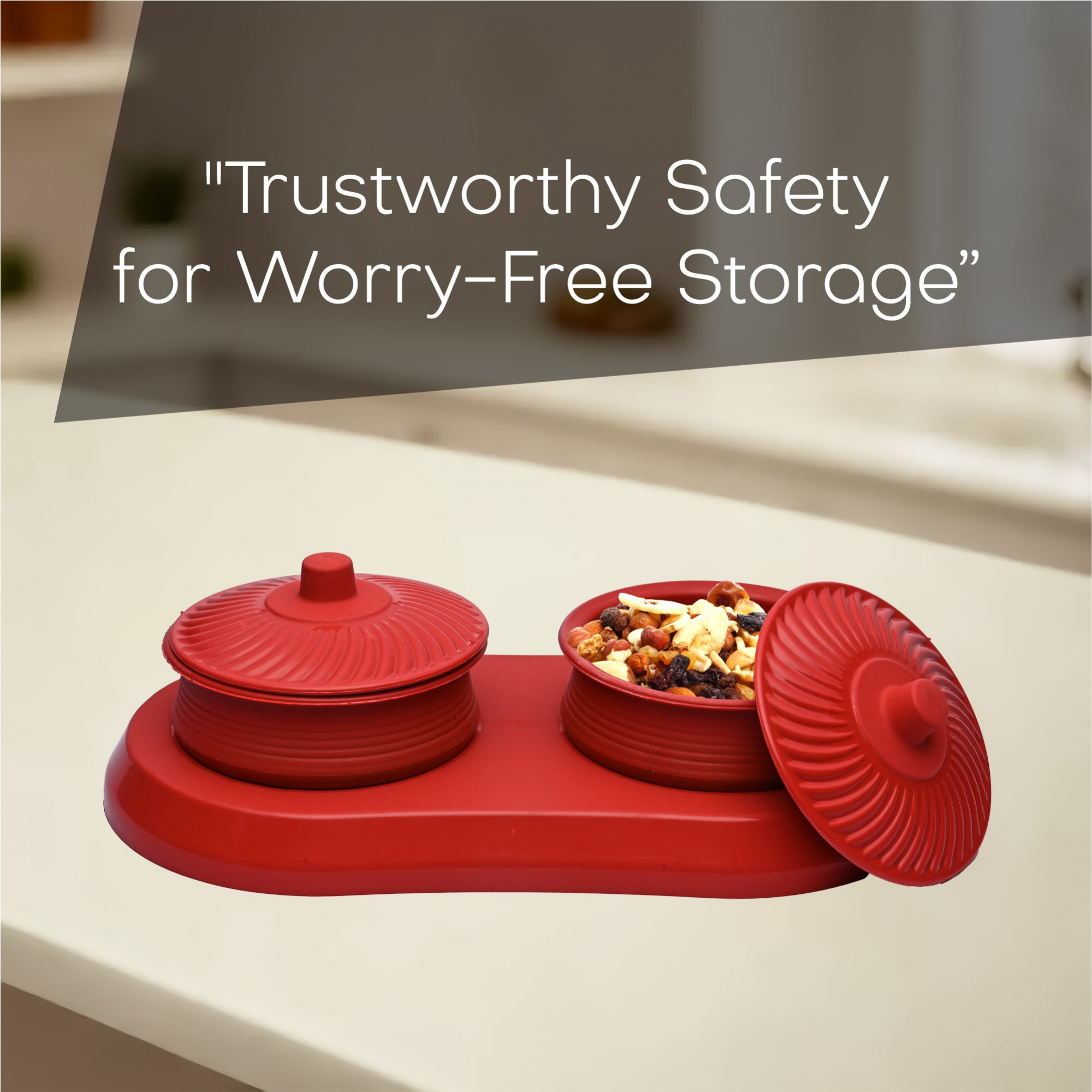Kuber Industries Dry Fruit Set  2 Pcs Serving Tray for Snacks-Cookies-Pickles-Dry Fruits-Namkeens  Storage Organizer Bowls Set for Dried Fruits-Nuts-Chocolates  Matuki Serving Set  Red
