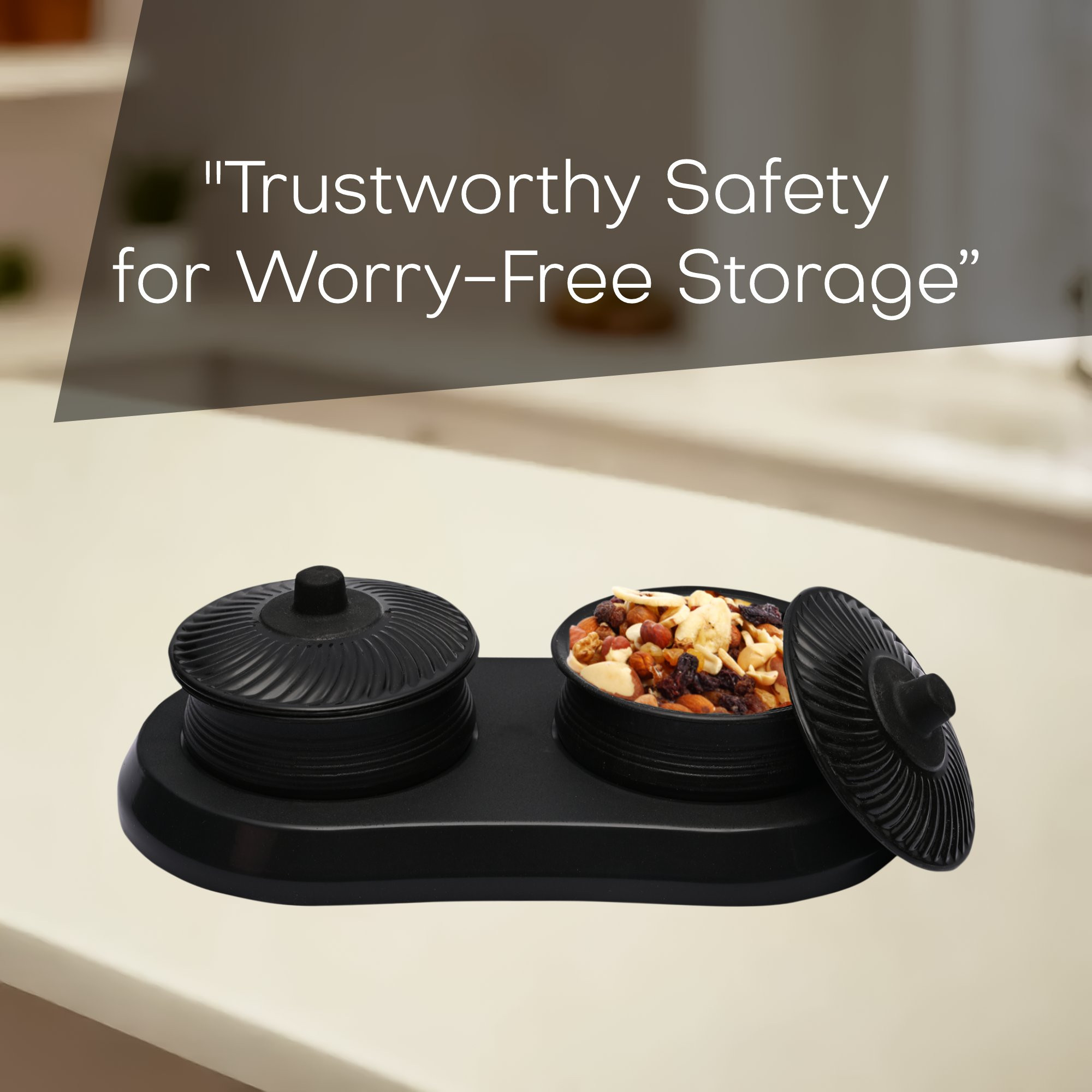 Kuber Industries Dry Fruit Set  2 Pcs Serving Tray for Snacks-Cookies-Pickles-Dry Fruits-Namkeens  Storage Organizer Bowls Set for Dried Fruits-Nuts-Chocolates  Matuki Serving Set  Black