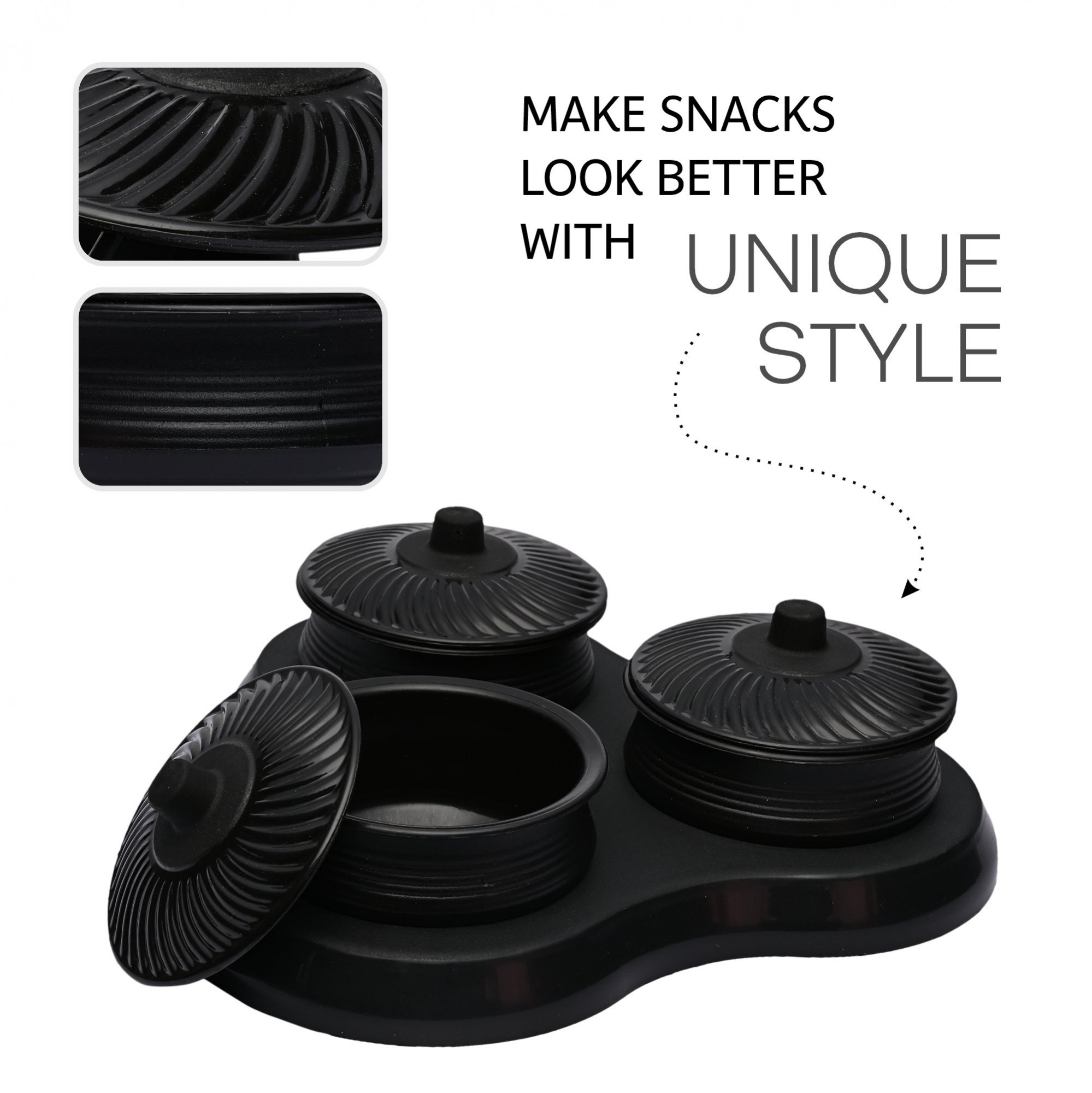 Kuber Industries Dry Fruit Set  3 Pcs Serving Tray for Snacks-Cookies-Pickles-Dry Fruits-Namkeens  Storage Organizer Bowls Set for Dried Fruits-Nuts-Chocolates  Matuki Serving Set  Black