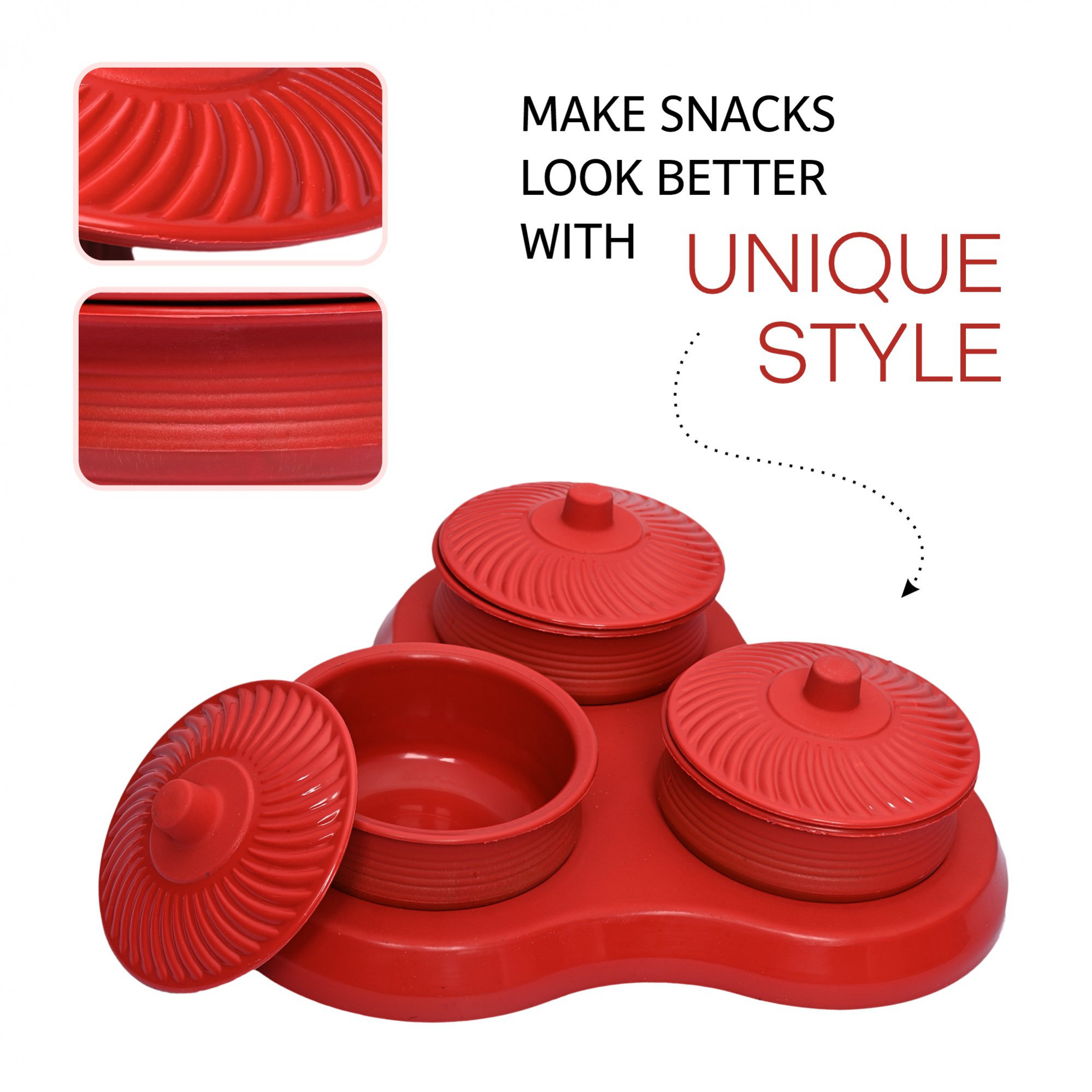 Kuber Industries Dry Fruit Set  3 Pcs Serving Tray for Snacks-Cookies-Pickles-Dry Fruits-Namkeens  Storage Organizer Bowls Set for Dried Fruits-Nuts-Chocolates  Matuki Serving Set  Red
