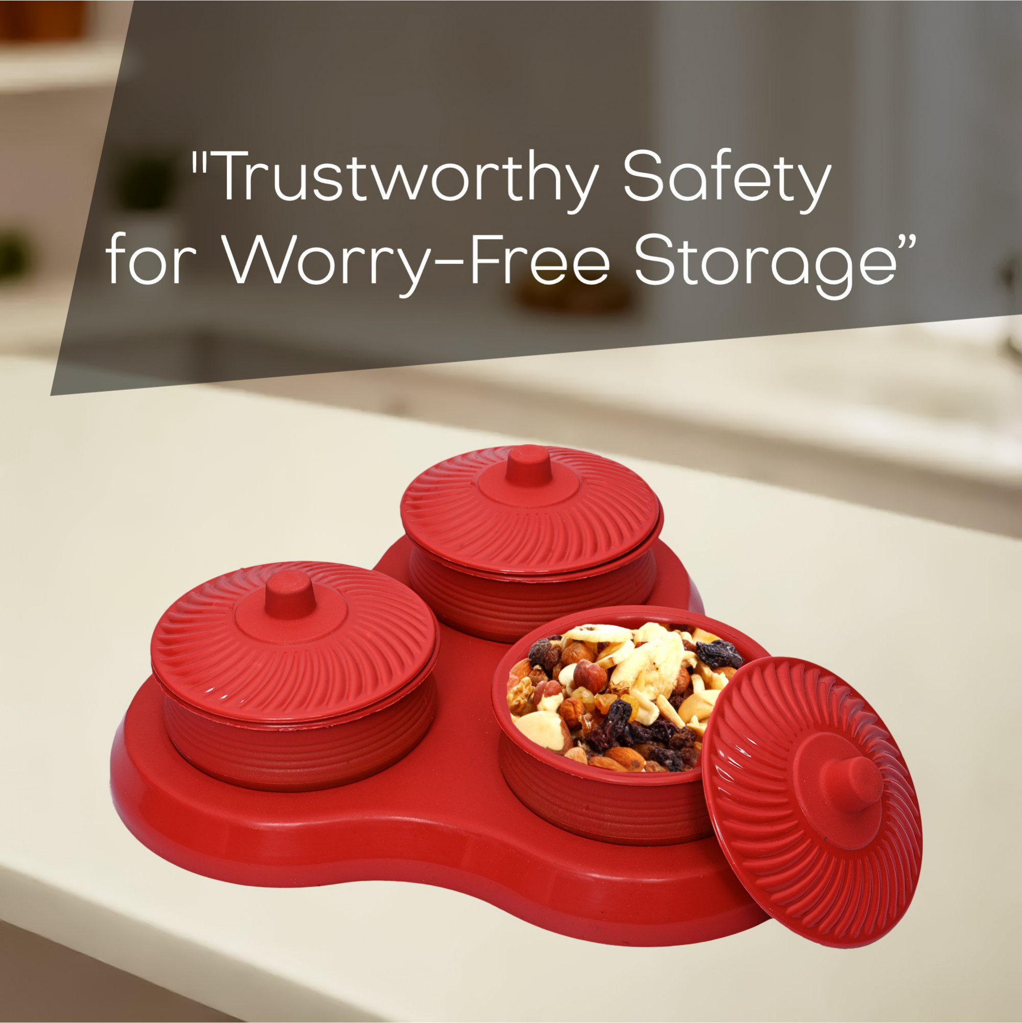 Kuber Industries Dry Fruit Set  3 Pcs Serving Tray for Snacks-Cookies-Pickles-Dry Fruits-Namkeens  Storage Organizer Bowls Set for Dried Fruits-Nuts-Chocolates  Matuki Serving Set  Red