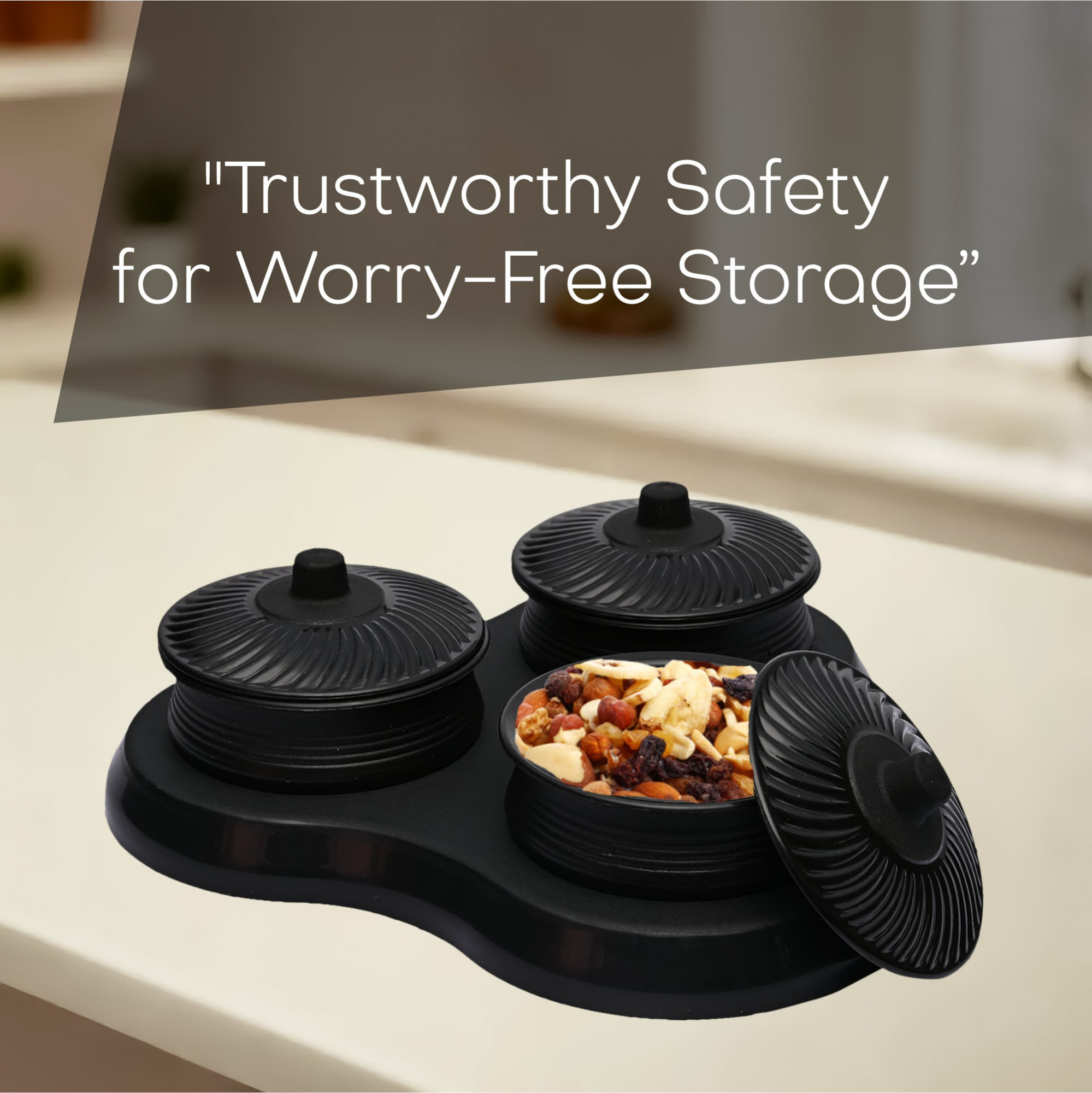 Kuber Industries Dry Fruit Set  3 Pcs Serving Tray for Snacks-Cookies-Pickles-Dry Fruits-Namkeens  Storage Organizer Bowls Set for Dried Fruits-Nuts-Chocolates  Matuki Serving Set  Black