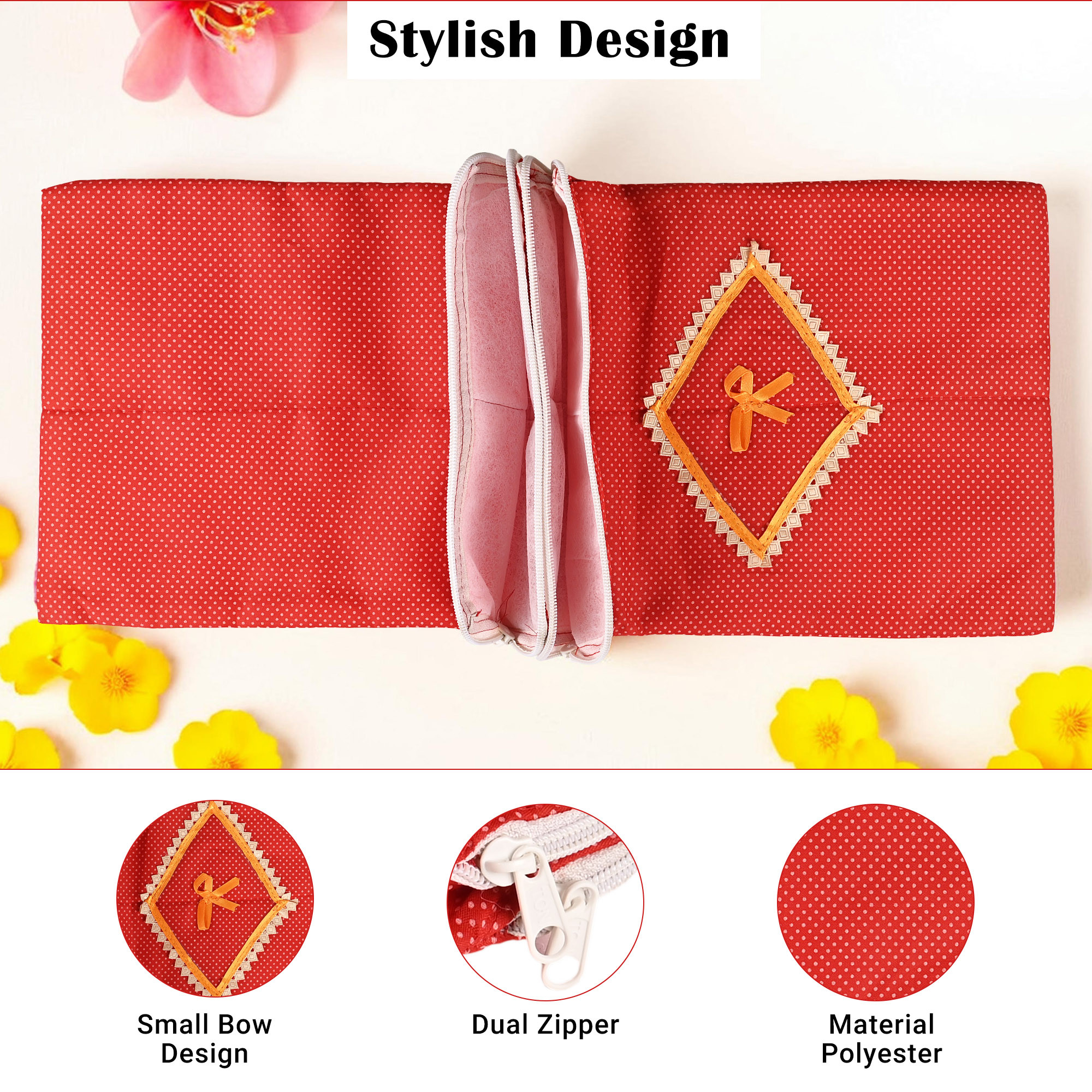 Kuber Industries Dual-Storage Travel Kit For Toiletries  For Sanitary Pads  Bathroom Organizer Pouch For Women  Polka Dots - Red