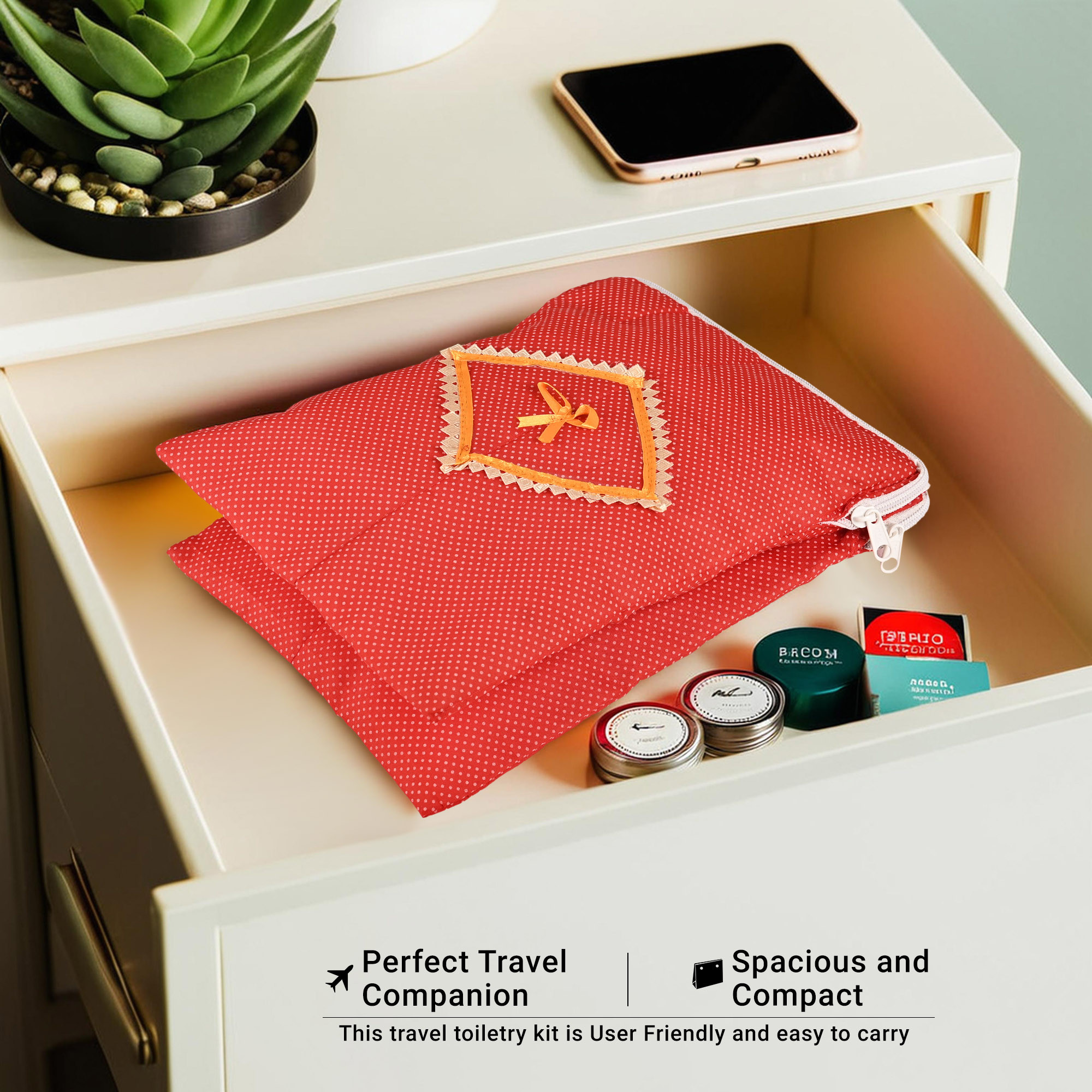 Kuber Industries Dual-Storage Travel Kit For Toiletries  For Sanitary Pads  Bathroom Organizer Pouch For Women  Polka Dots - Red