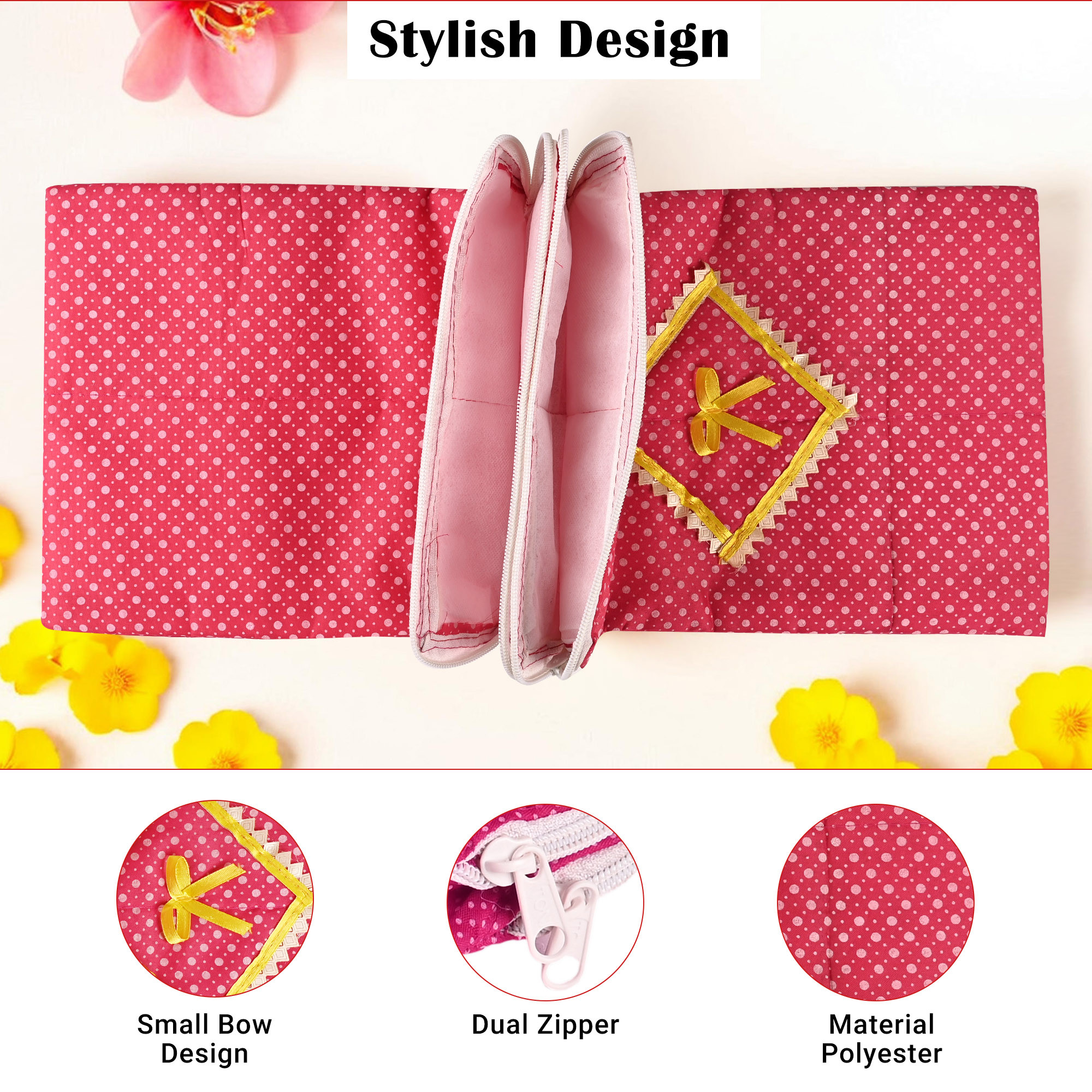 Kuber Industries Dual-Storage Travel Kit For Toiletries  For Sanitary Pads  Bathroom Organizer Pouch For Women  Polka Dots - Pink