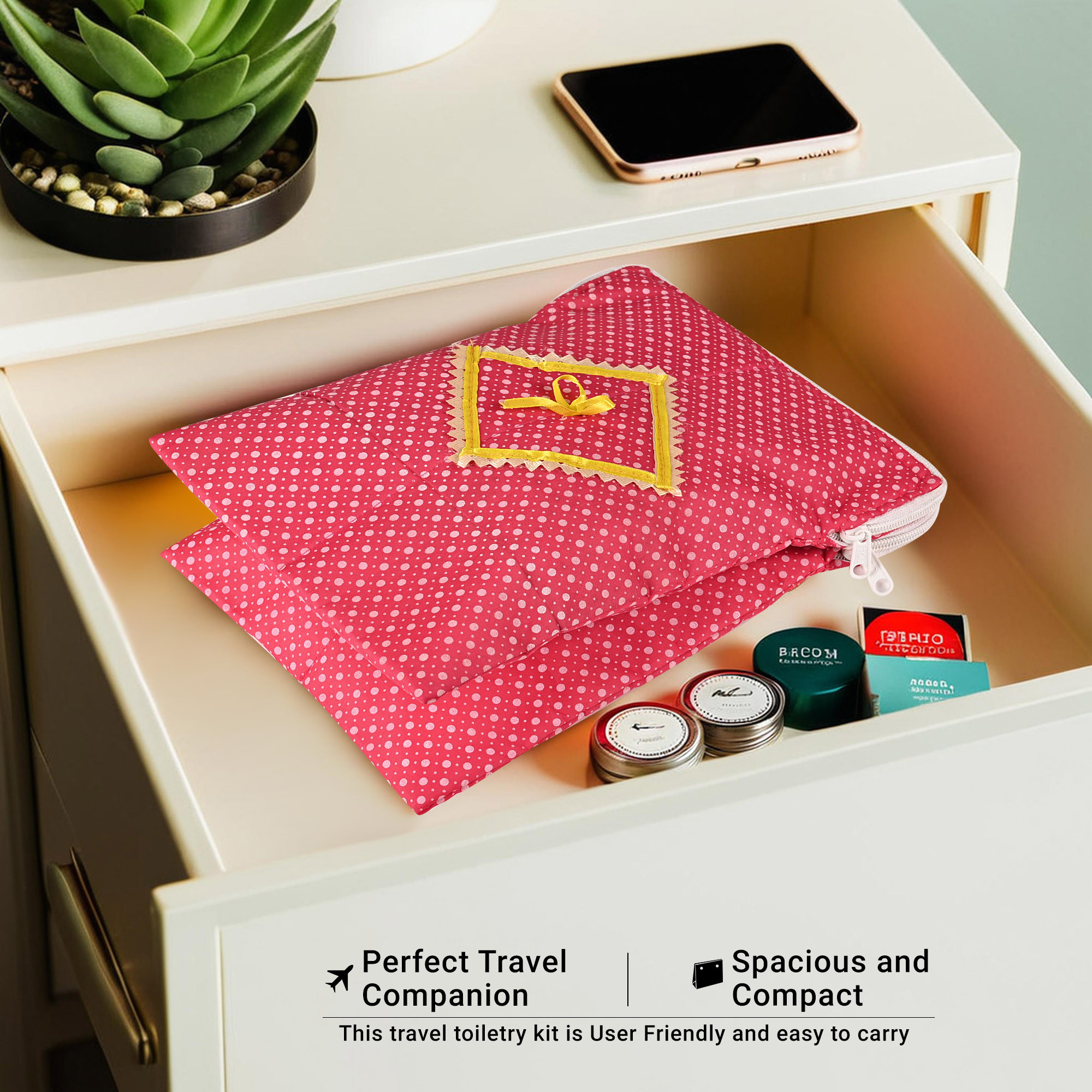 Kuber Industries Dual-Storage Travel Kit For Toiletries  For Sanitary Pads  Bathroom Organizer Pouch For Women  Polka Dots - Pink