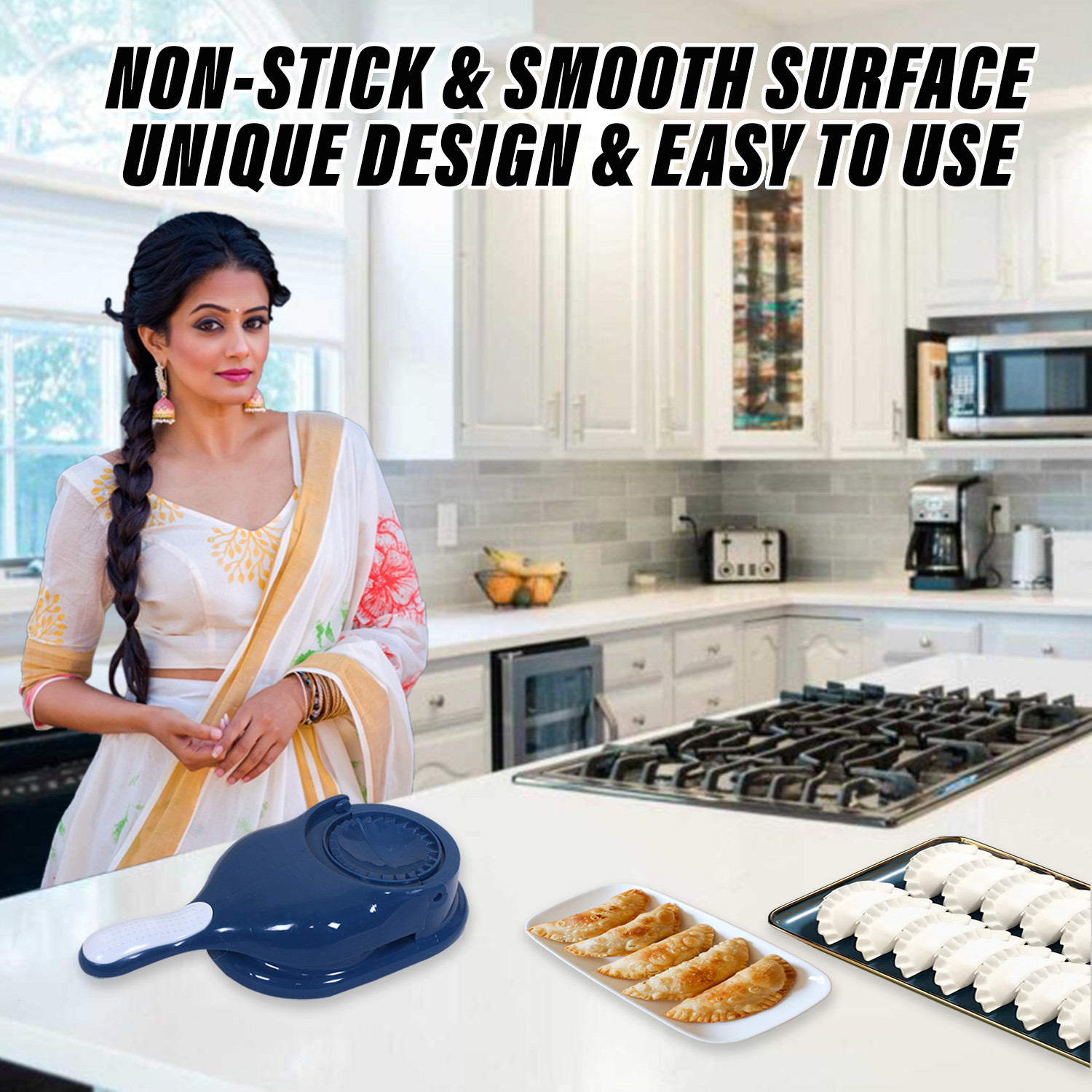 Kuber Industries Dumpling Maker | Plastic 2 in 1 Kitchen Dumpling Making Tool | Momos Maker Machine | Gujiya Maker | Manual Dumpling Maker | Blue