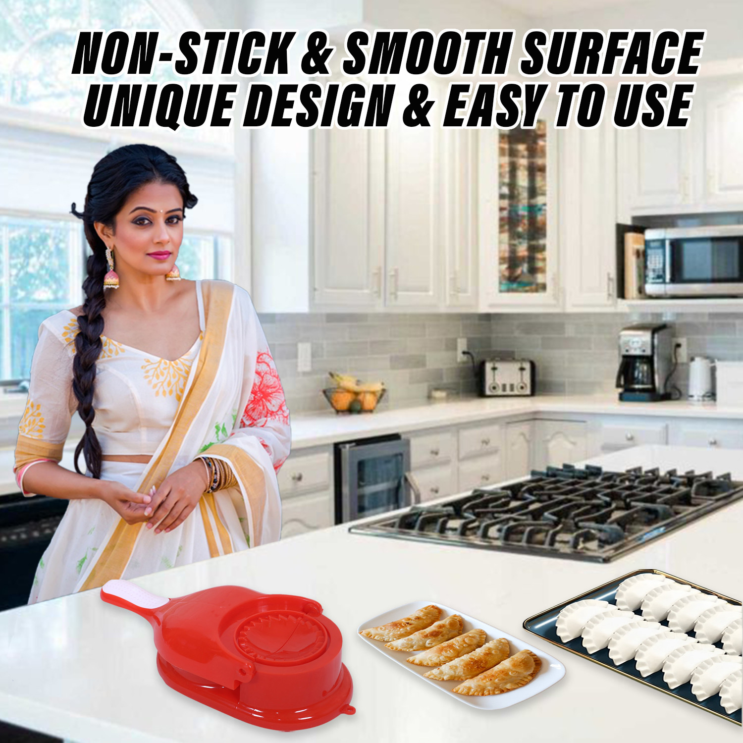 Kuber Industries Dumpling Maker | Plastic 2 in 1 Kitchen Dumpling Making Tool | Momos Maker Machine | Gujiya Maker | Manual Dumpling Maker | Red