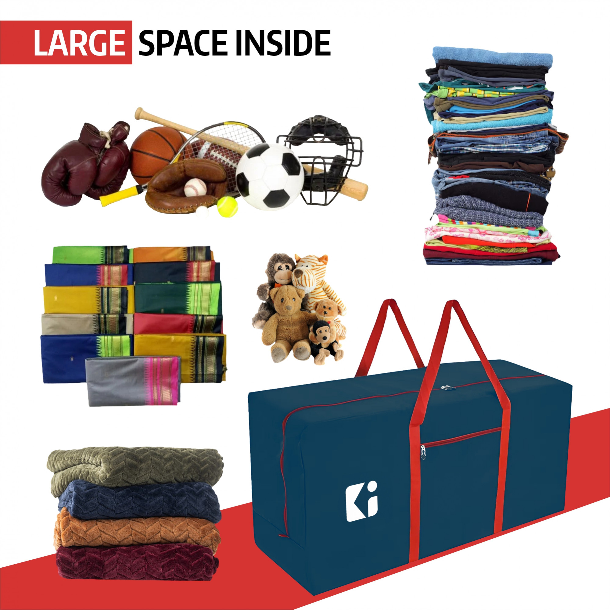 Kuber Industries Durable 2 Compartments Storage Bags For Clothes Large With Zip  Packers  Movers Under Bed Storage Organizer Box for Clothes Blanket  Toys  Red  Blue