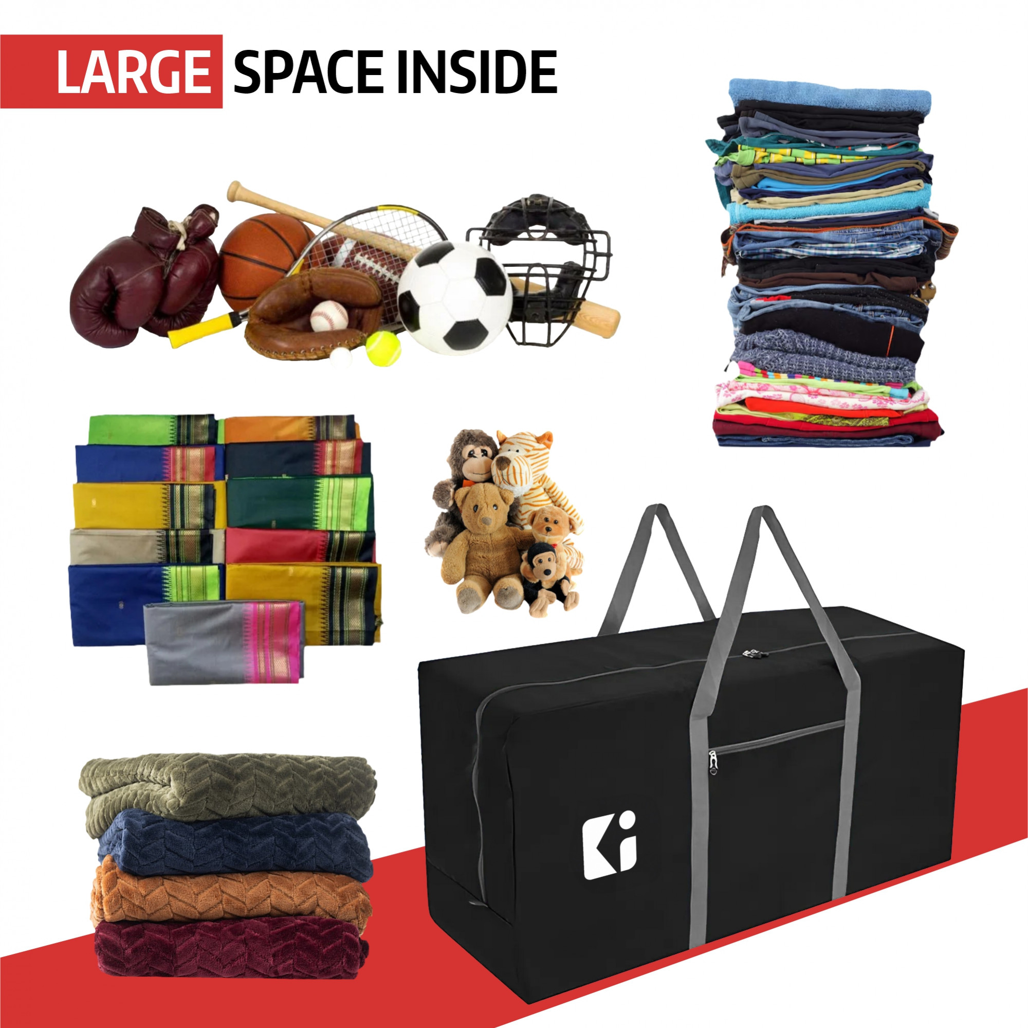 Kuber Industries Durable 2 Compartments Storage Bags For Clothes Large With Zip  Packers  Movers Under Bed Storage Organizer Box for Clothes Blanket  Toys  Grey  Black