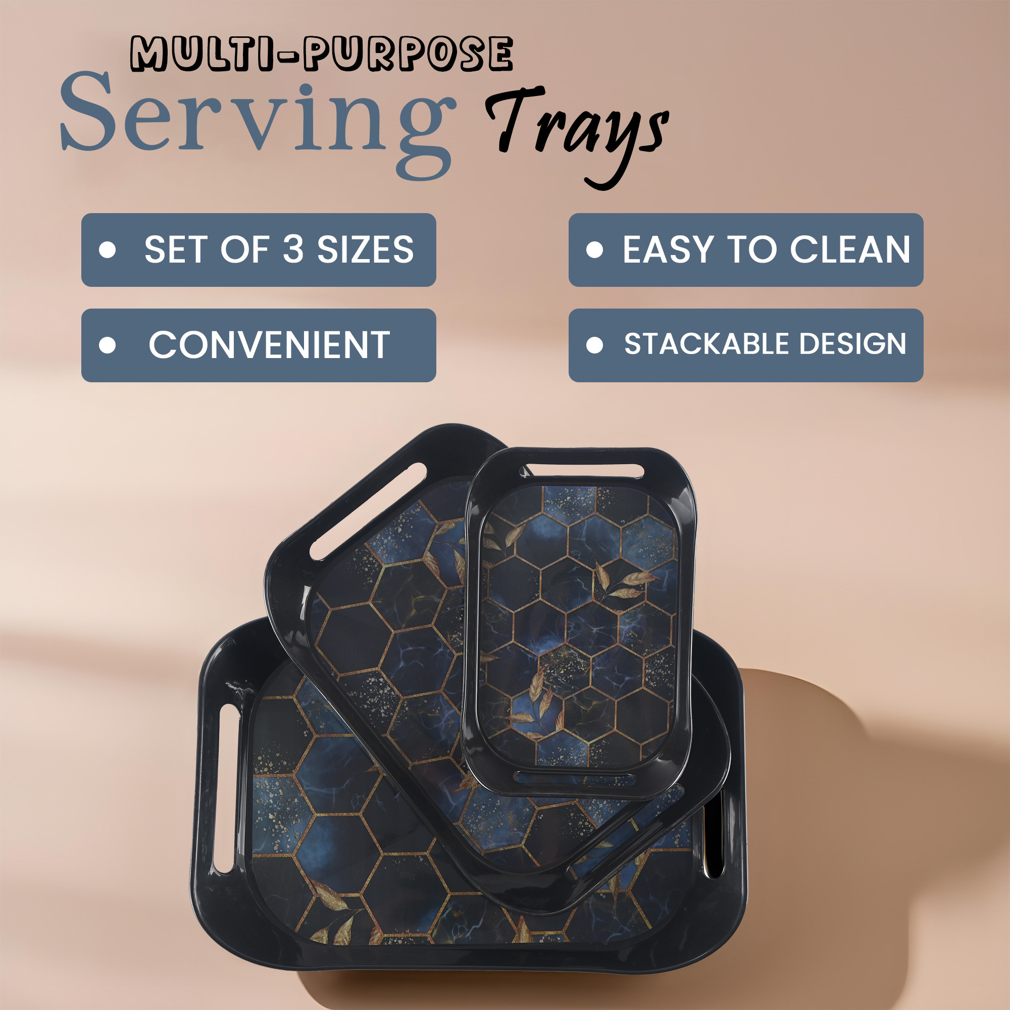 Kuber Industries Durable 3 Tray Set for Serving Snacks with Handles  Multi-Use Nashta Plate  Kitchens Tea Tray  Perfect for Hosting Guests at Home  Hotels  Hexagon Print - Black