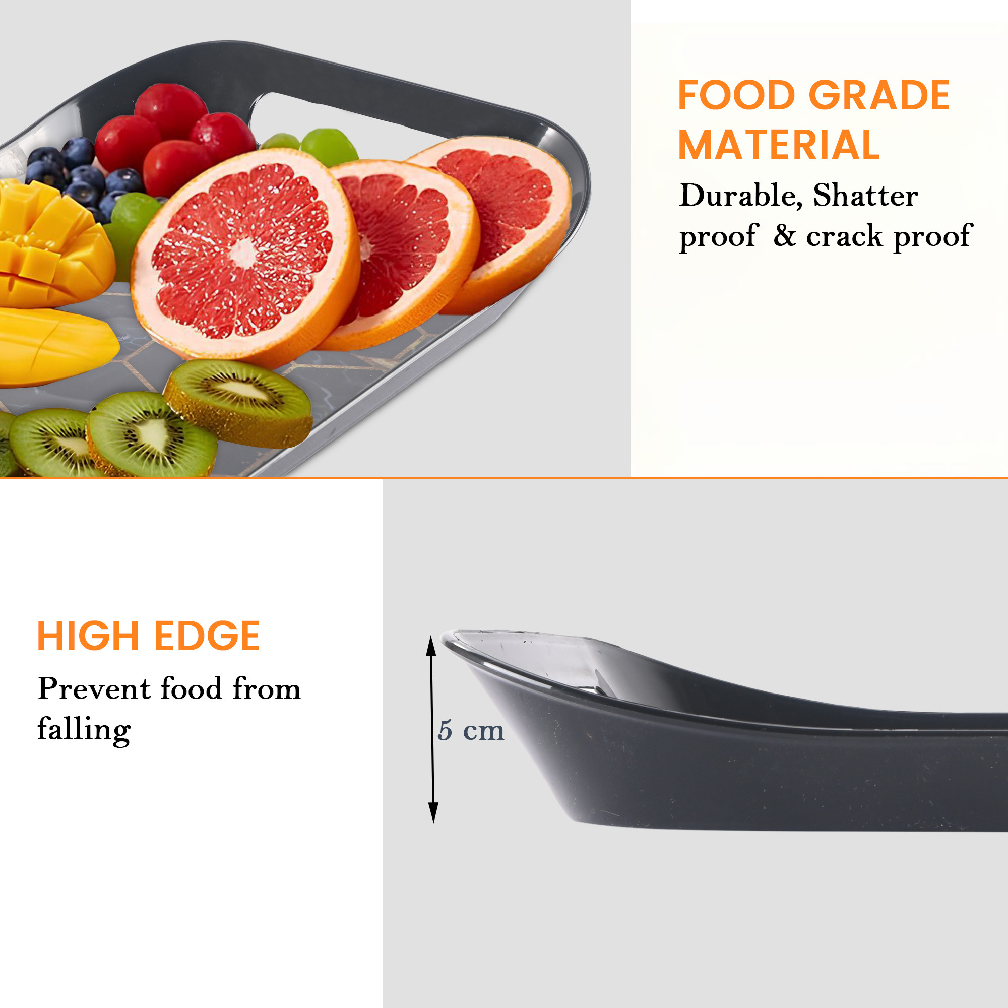 Kuber Industries Durable 3 Tray Set for Serving Snacks with Handles  Multi-Use Nashta Plate  Kitchens Tea Tray  Perfect for Hosting Guests at Home  Hotels  Hexagon Print - Black