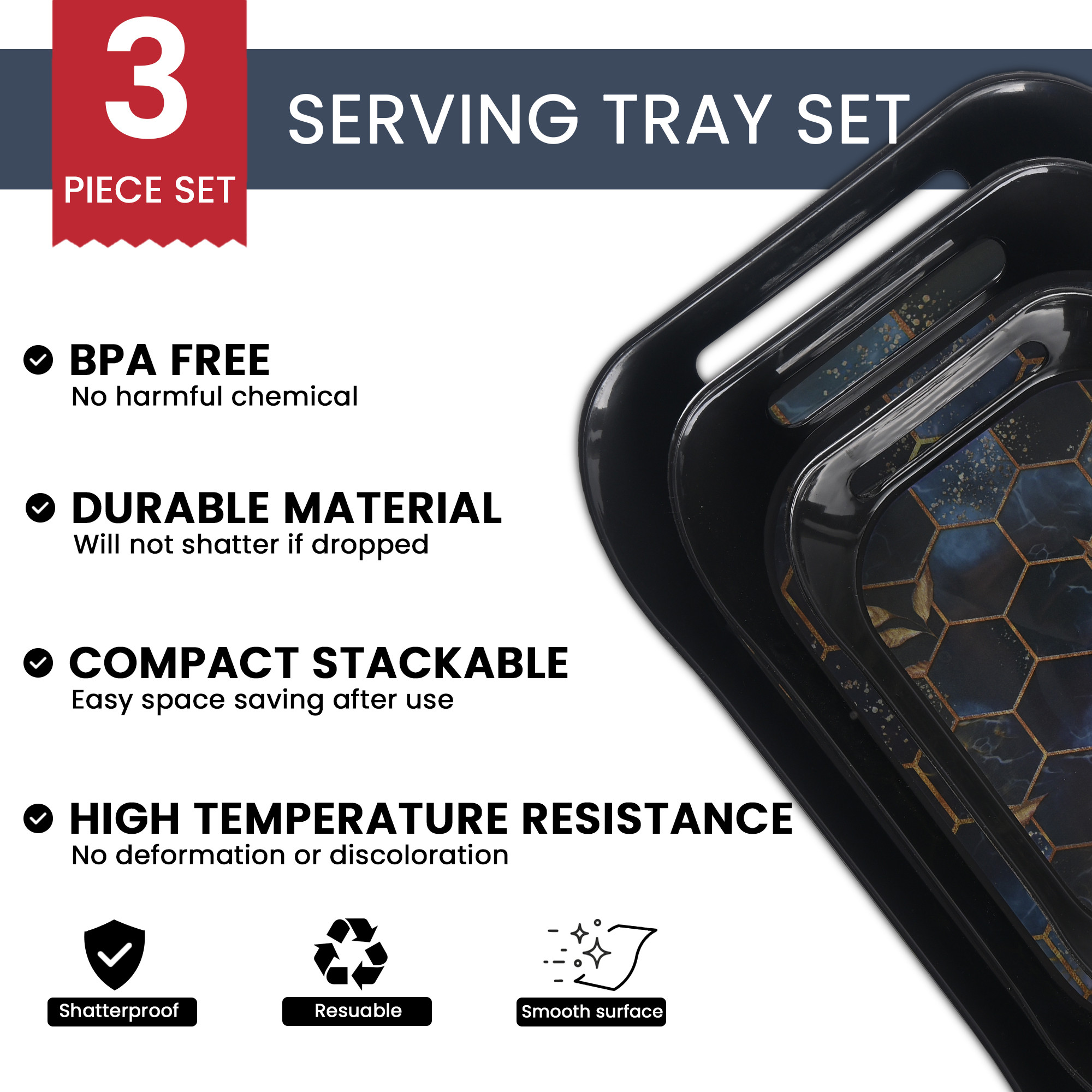 Kuber Industries Durable 3 Tray Set for Serving Snacks with Handles  Multi-Use Nashta Plate  Kitchens Tea Tray  Perfect for Hosting Guests at Home  Hotels  Hexagon Print - Black