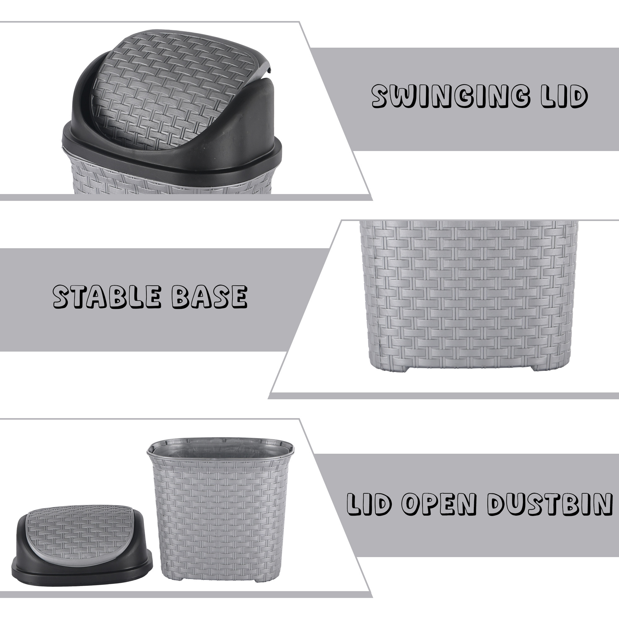 Kuber Industries Durable 7 Liters Plastic Swing Lid Dustbin for Home Bathroom  Kitchen  Multi-Purpose Garbage Bin  Dustbin for Office Small Spaces  Hygienic Use  Check - Grey