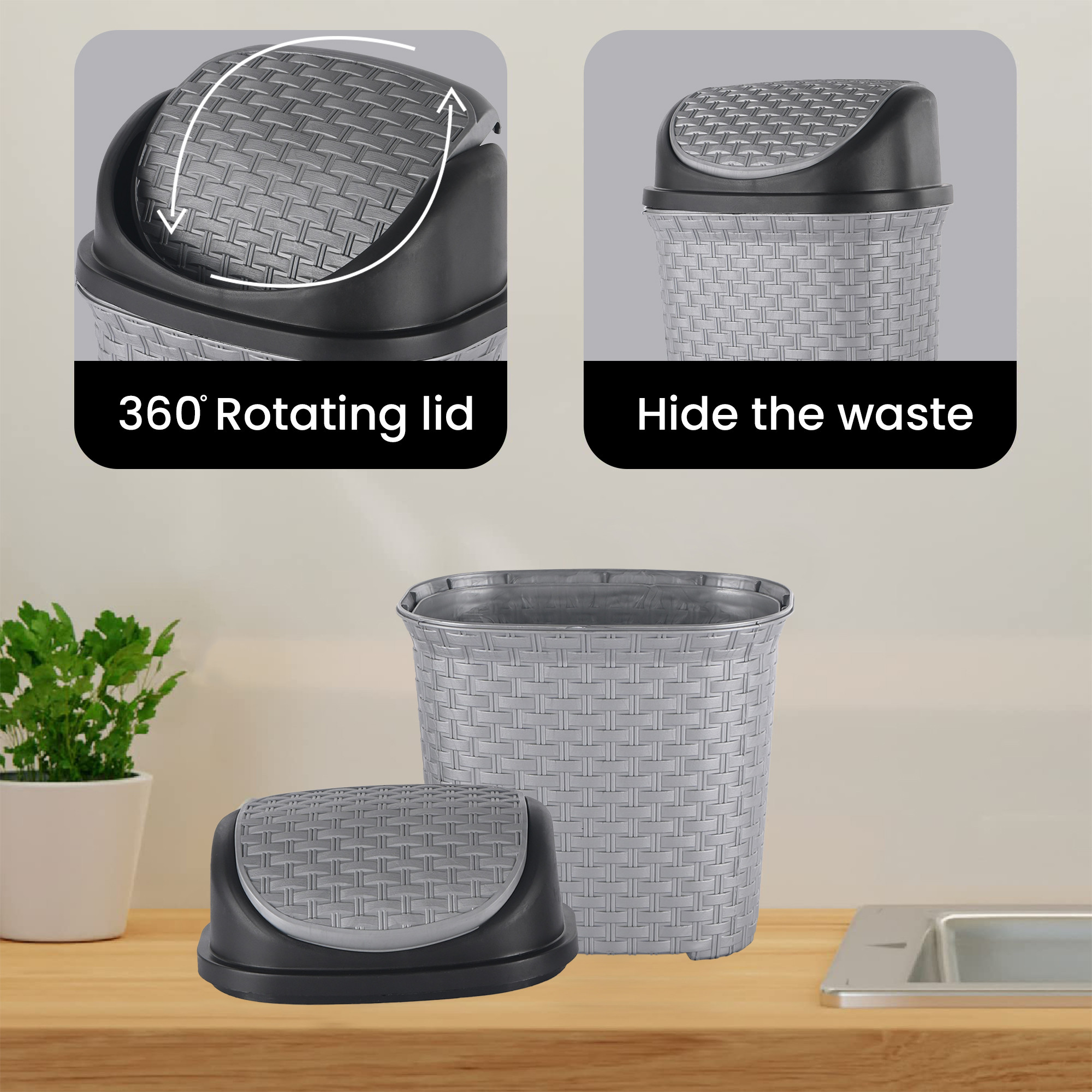 Kuber Industries Durable 7 Liters Plastic Swing Lid Dustbin for Home Bathroom  Kitchen  Multi-Purpose Garbage Bin  Dustbin for Office Small Spaces  Hygienic Use  Check - Grey