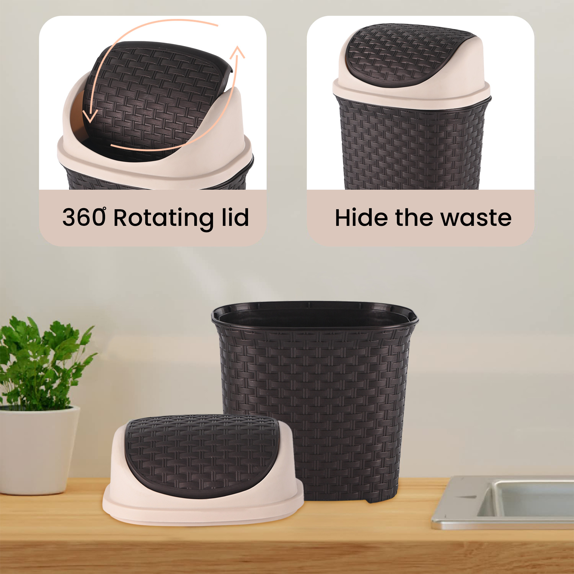 Kuber Industries Durable 7 Liters Plastic Swing Lid Dustbin for Home Bathroom  Kitchen  Multi-Purpose Garbage Bin  Dustbin for Office Small Spaces  Hygienic Use  Check - Brown
