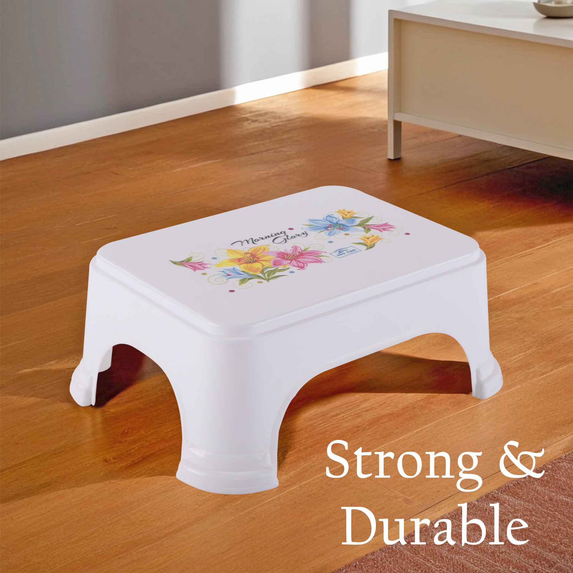 Kuber Industries Durable Bathroom Stool for Bathing  Comfortable Indoor Machiya for Sitting  Senior Citizens Bath Stool  Adults Patla Chair for Home  Square Printed- White