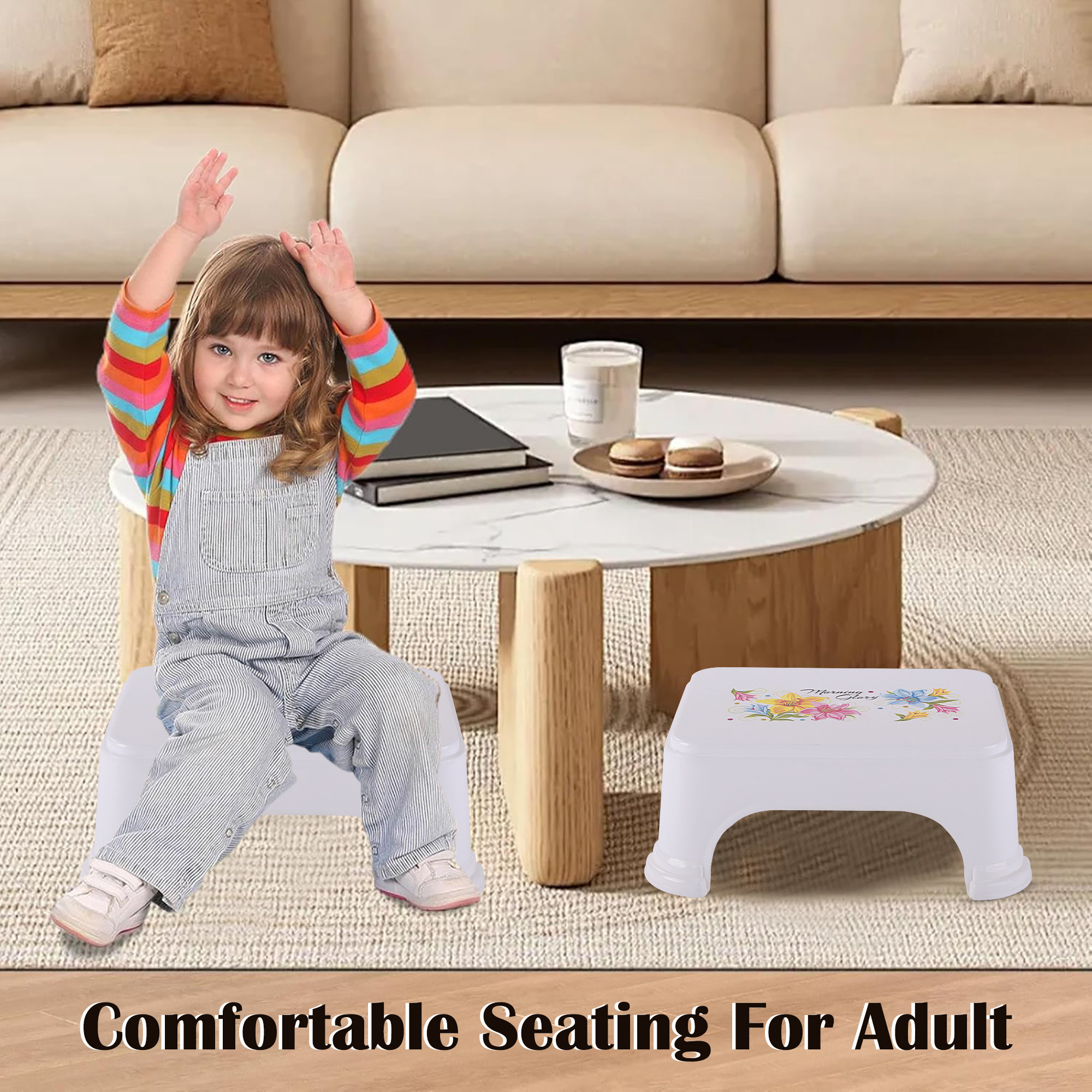 Kuber Industries Durable Bathroom Stool for Bathing  Comfortable Indoor Machiya for Sitting  Senior Citizens Bath Stool  Adults Patla Chair for Home  Square Printed- White