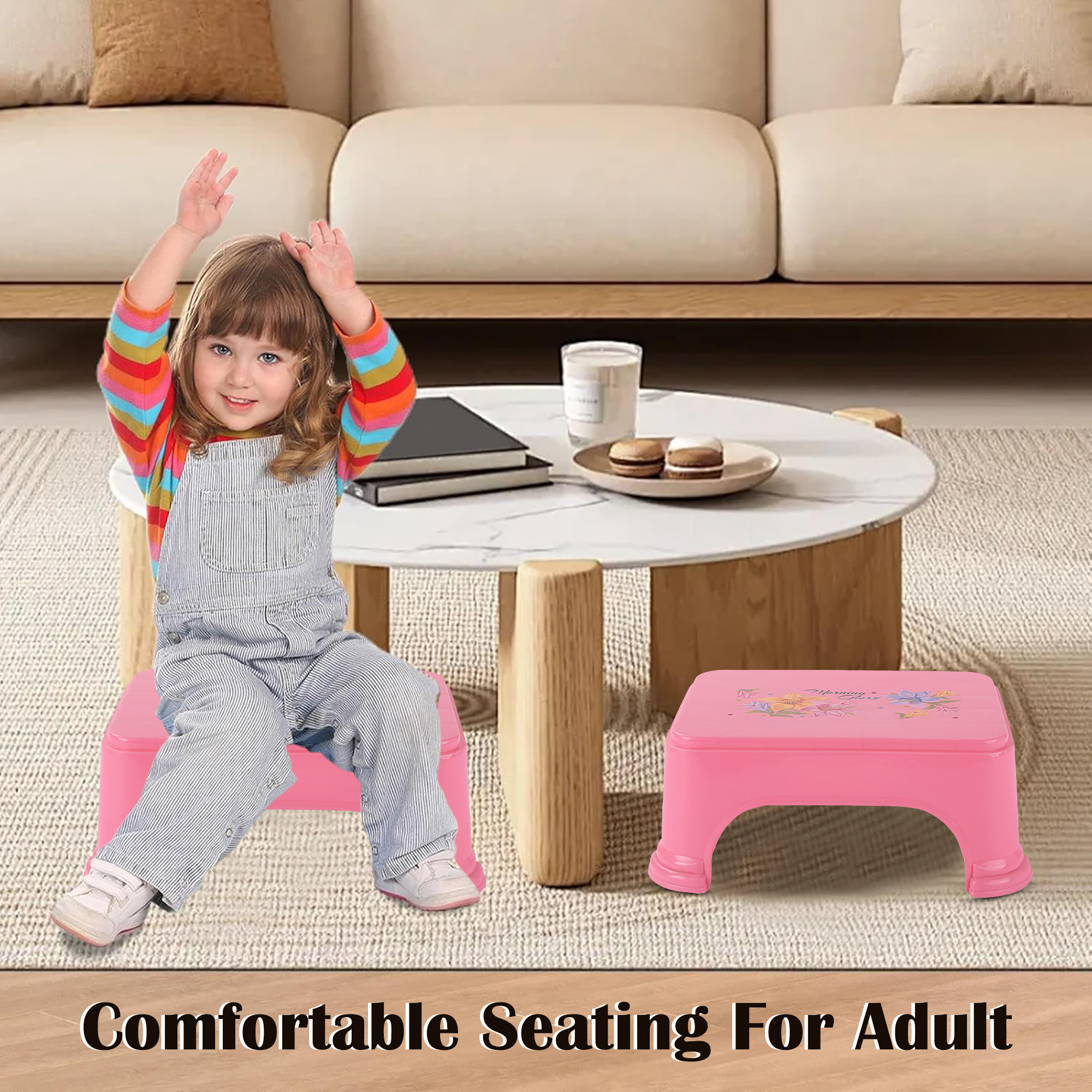 Kuber Industries Durable Bathroom Stool for Bathing  Comfortable Indoor Machiya for Sitting  Senior Citizens Bath Stool  Adults Patla Chair for Home  Square Printed- Pink