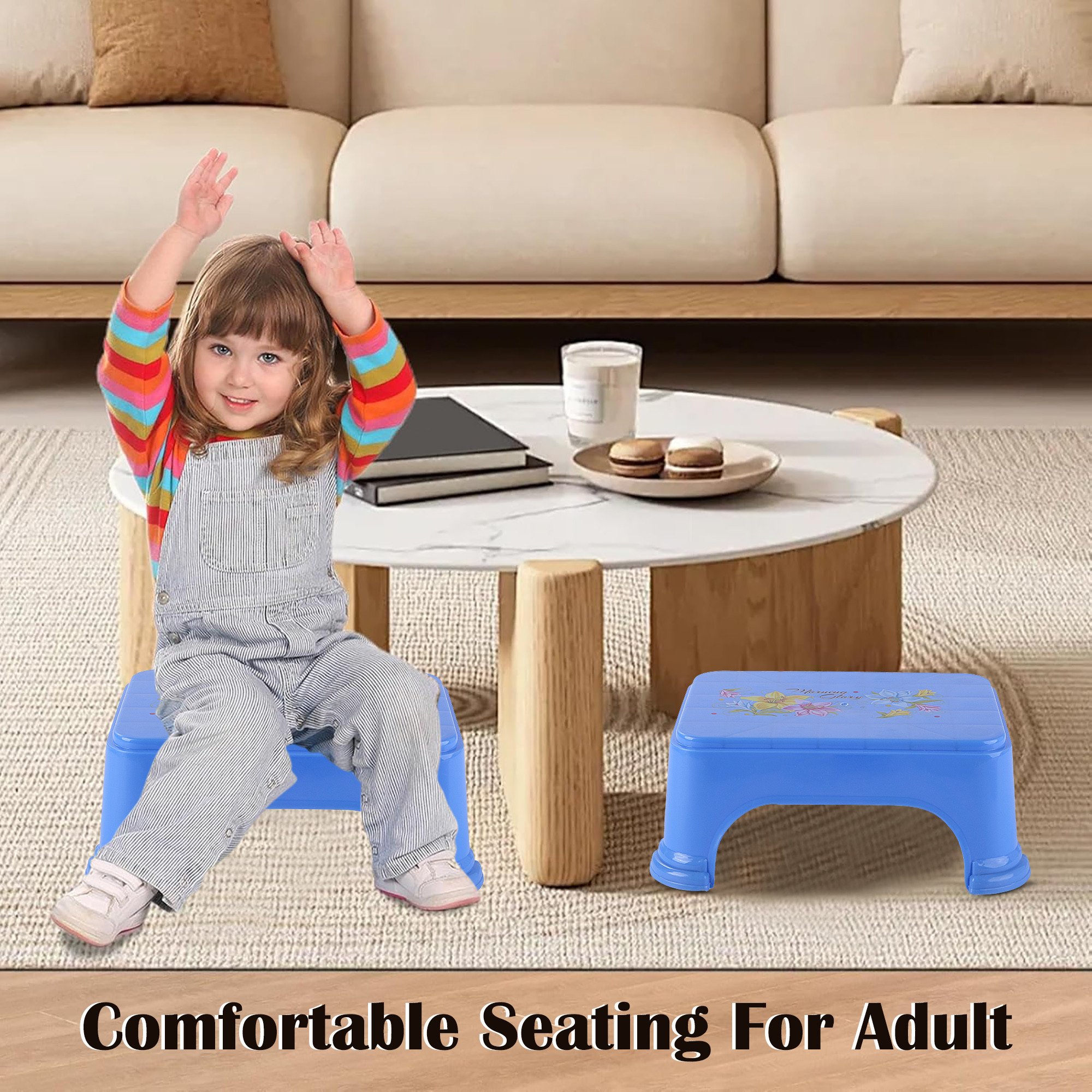 Kuber Industries Durable Bathroom Stool for Bathing  Comfortable Indoor Machiya for Sitting  Senior Citizens Bath Stool  Adults Patla Chair for Home  Square Printed- Blue