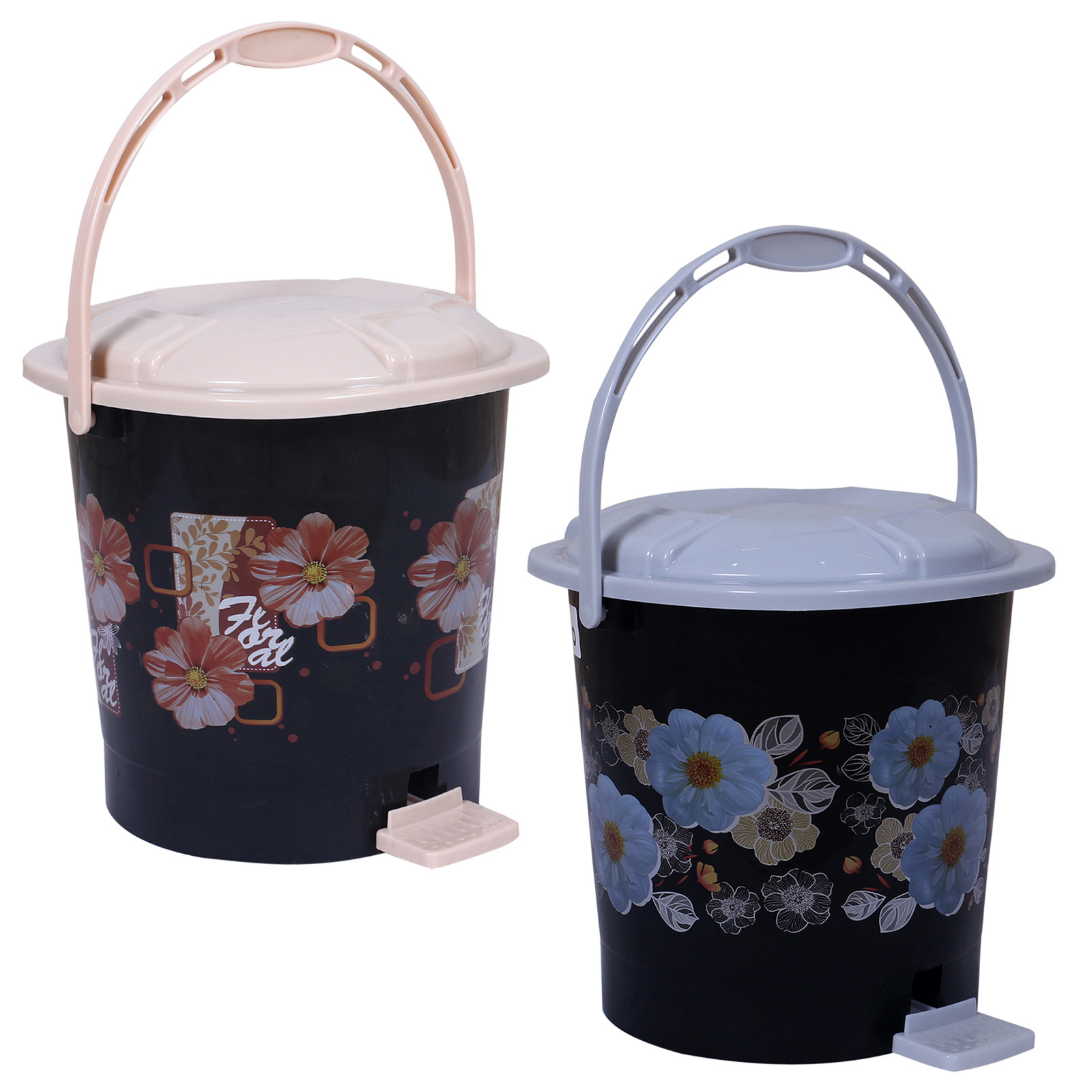 Kuber Industries Durable Floral & Flower Print Plastic Pedal Dustbin|Waste Bin|Trash Can For Kitchen & Home With Handle,7 Litre,Pack of 2 (Black)