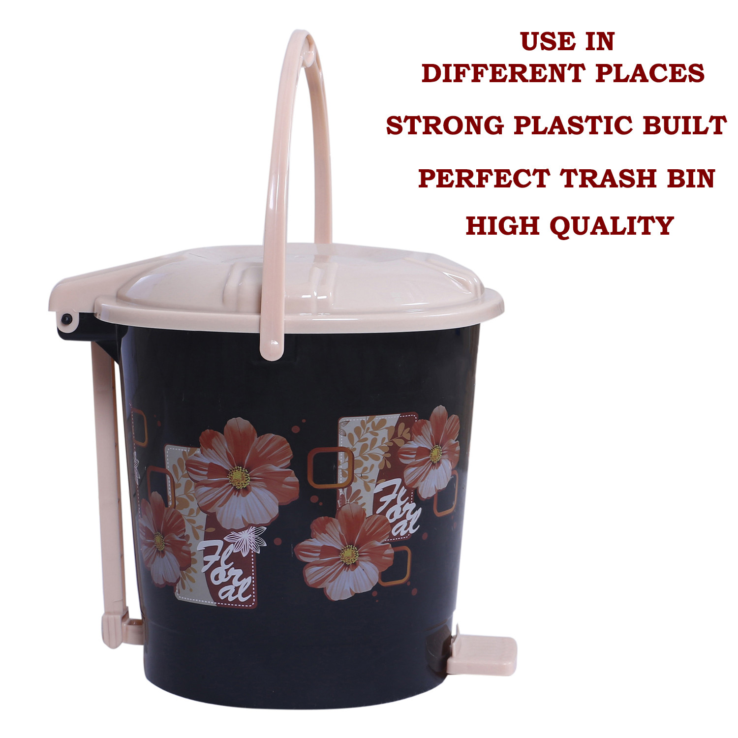 Kuber Industries Durable Floral & Flower Print Plastic Pedal Dustbin|Waste Bin|Trash Can For Kitchen & Home With Handle,10 Litre,Pack of 2 (Black)