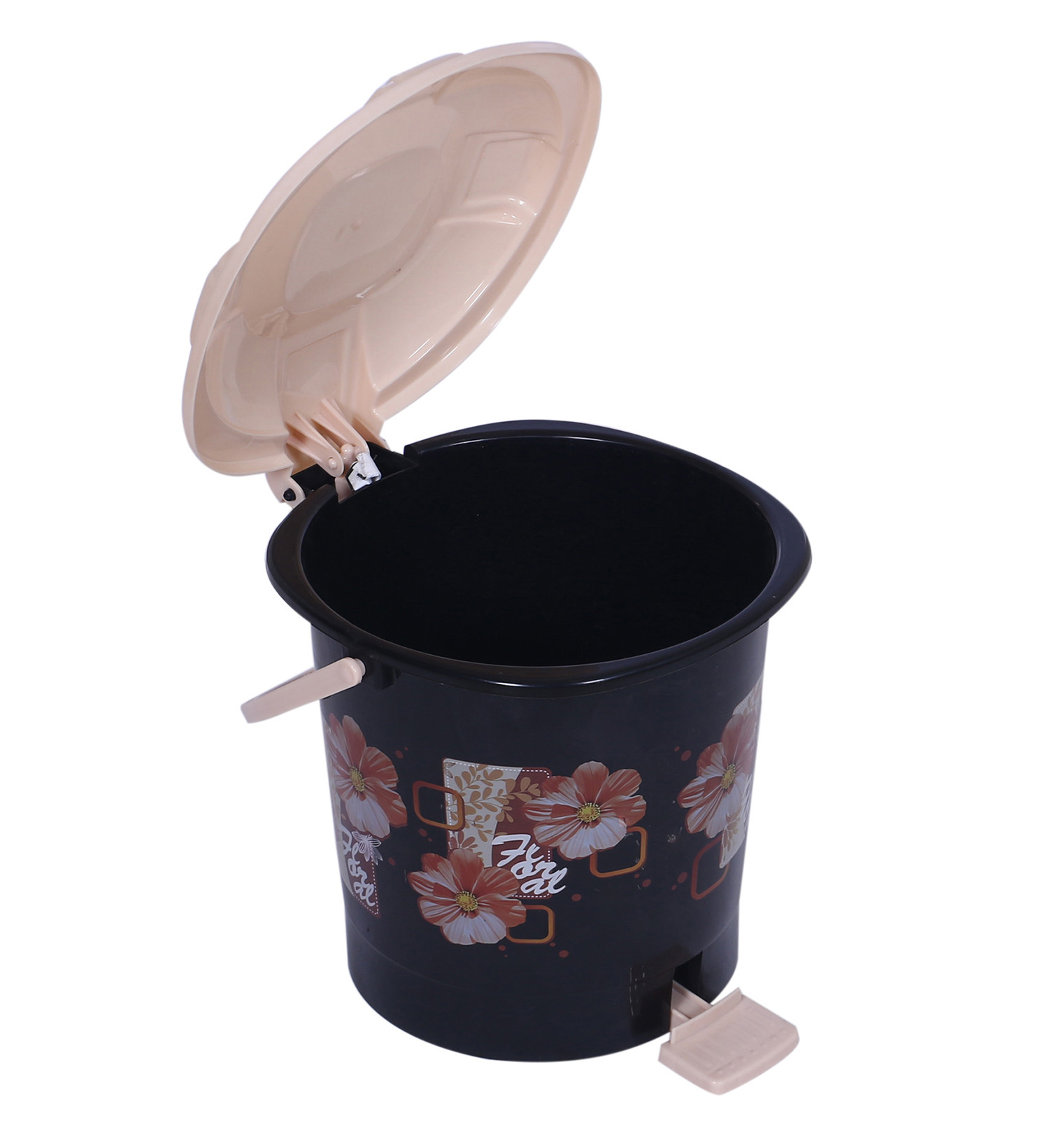 Kuber Industries Durable Floral Print Plastic Pedal Dustbin|Waste Bin|Trash Can For Kitchen & Home With Handle,7 Litre (Black)