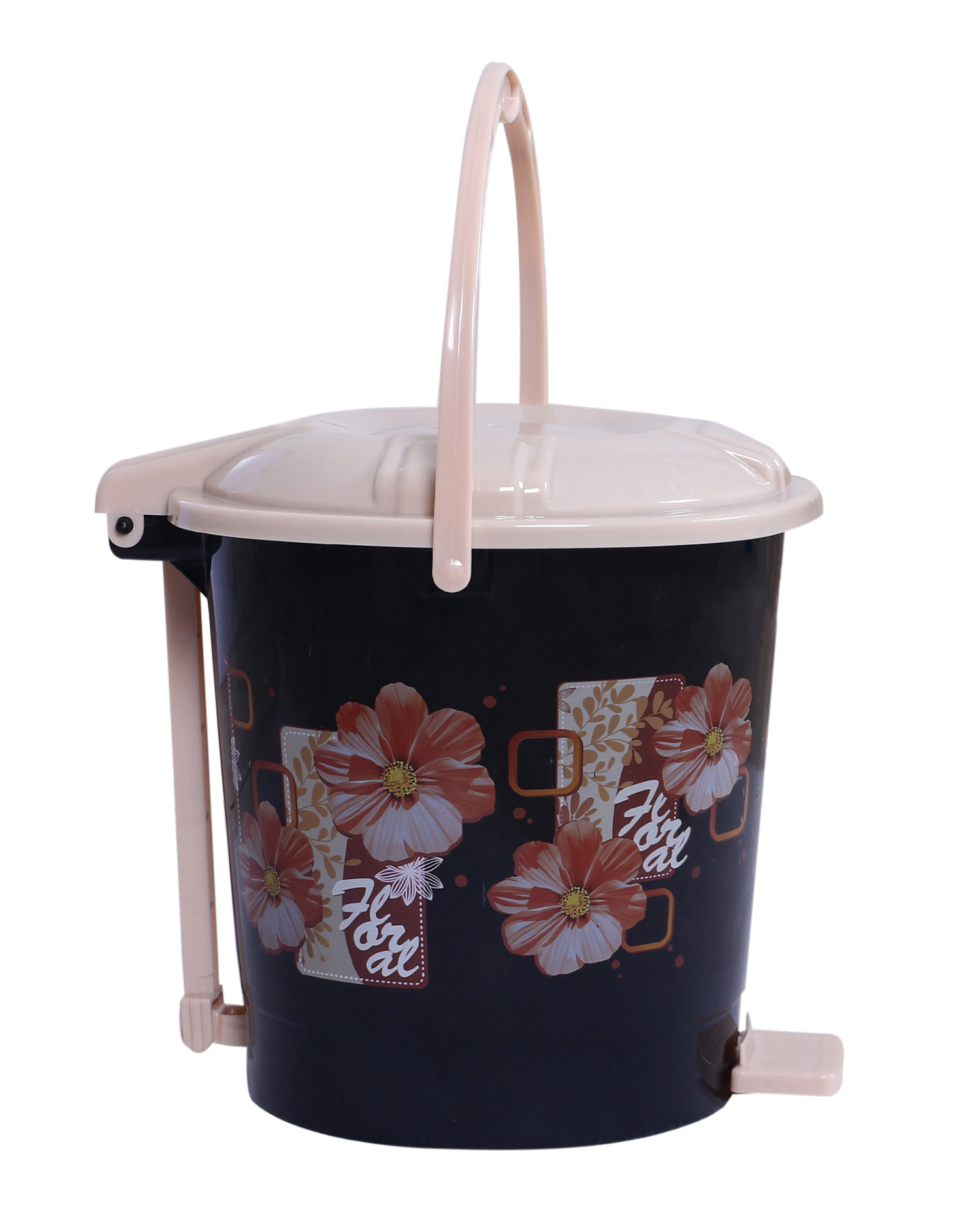 Kuber Industries Durable Floral Print Plastic Pedal Dustbin|Waste Bin|Trash Can For Kitchen & Home With Handle,7 Litre,Pack of 2 (Black)