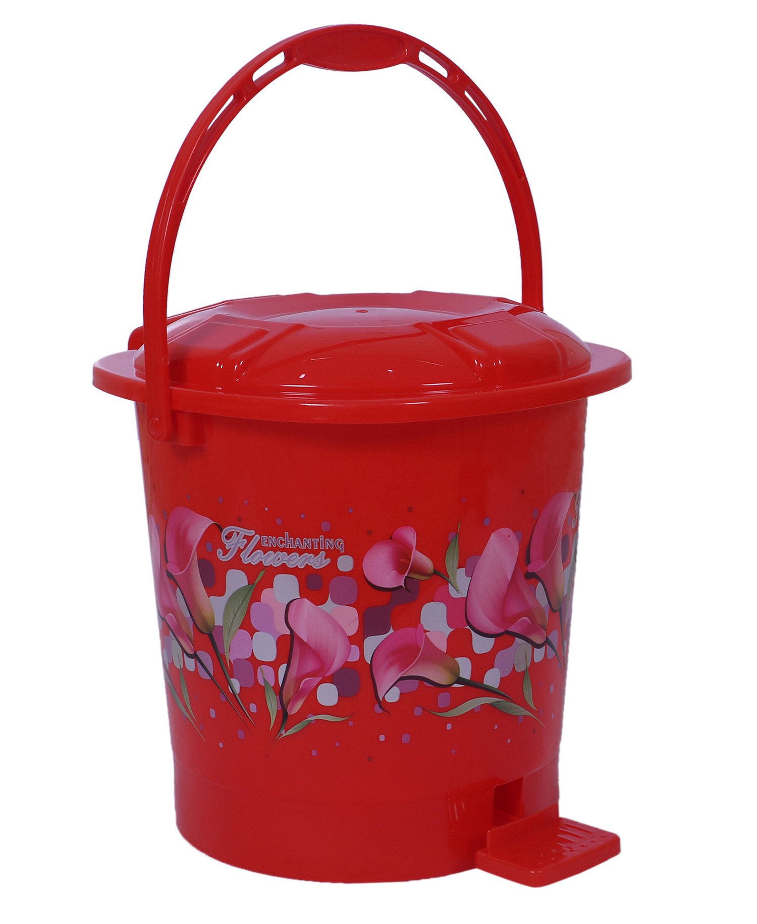 Kuber Industries Durable Floral Print Plastic Pedal Dustbin|Waste Bin|Trash Can For Kitchen & Home With Handle,10 Litre (Red)