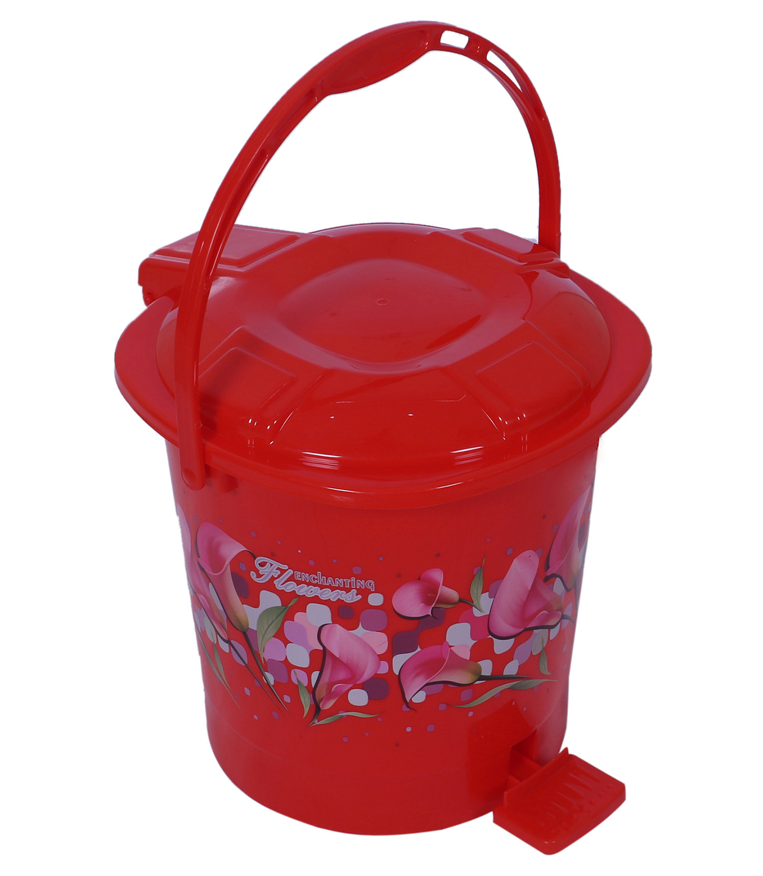 Kuber Industries Durable Floral Print Plastic Pedal Dustbin|Waste Bin|Trash Can For Kitchen & Home With Handle,10 Litre (Red)