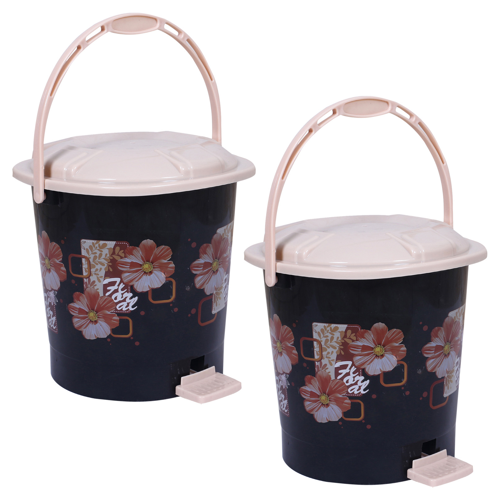 Kuber Industries Durable Floral Print Plastic Pedal Dustbin|Waste Bin|Trash Can For Kitchen & Home With Handle,10 Litre,Pack of 2 (Black)