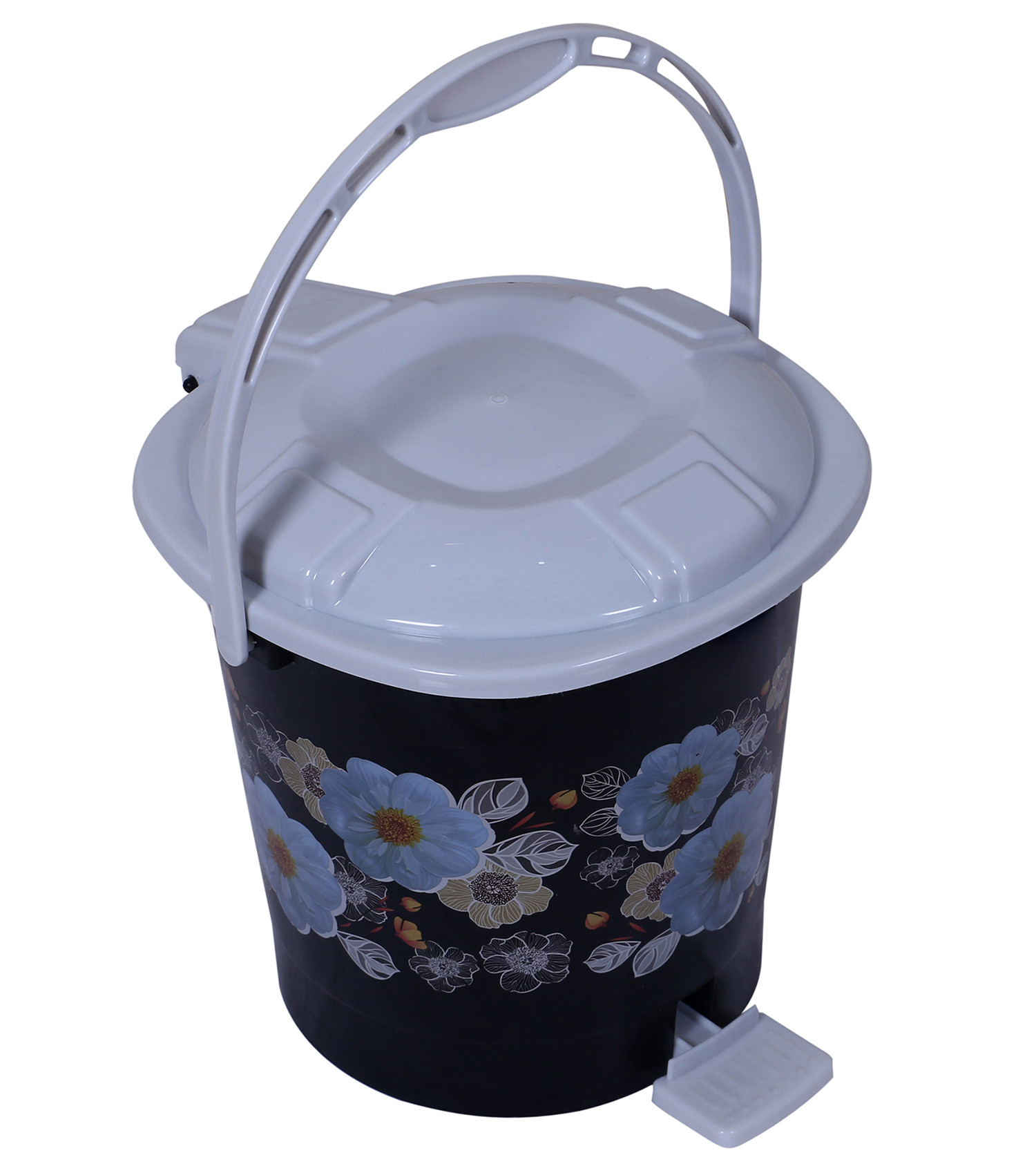 Kuber Industries Durable Flower Print Plastic Pedal Dustbin|Waste Bin|Trash Can For Kitchen & Home With Handle,7 Litre (Black)