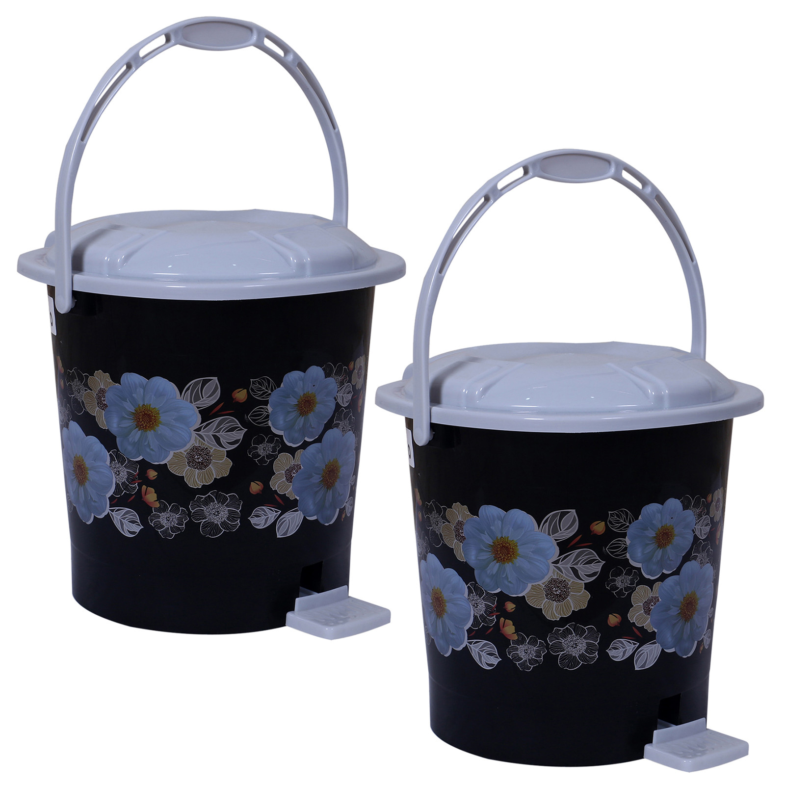 Kuber Industries Durable Flower Print Plastic Pedal Dustbin|Waste Bin|Trash Can For Kitchen & Home With Handle,7 Litre,Pack of 2 (Black)