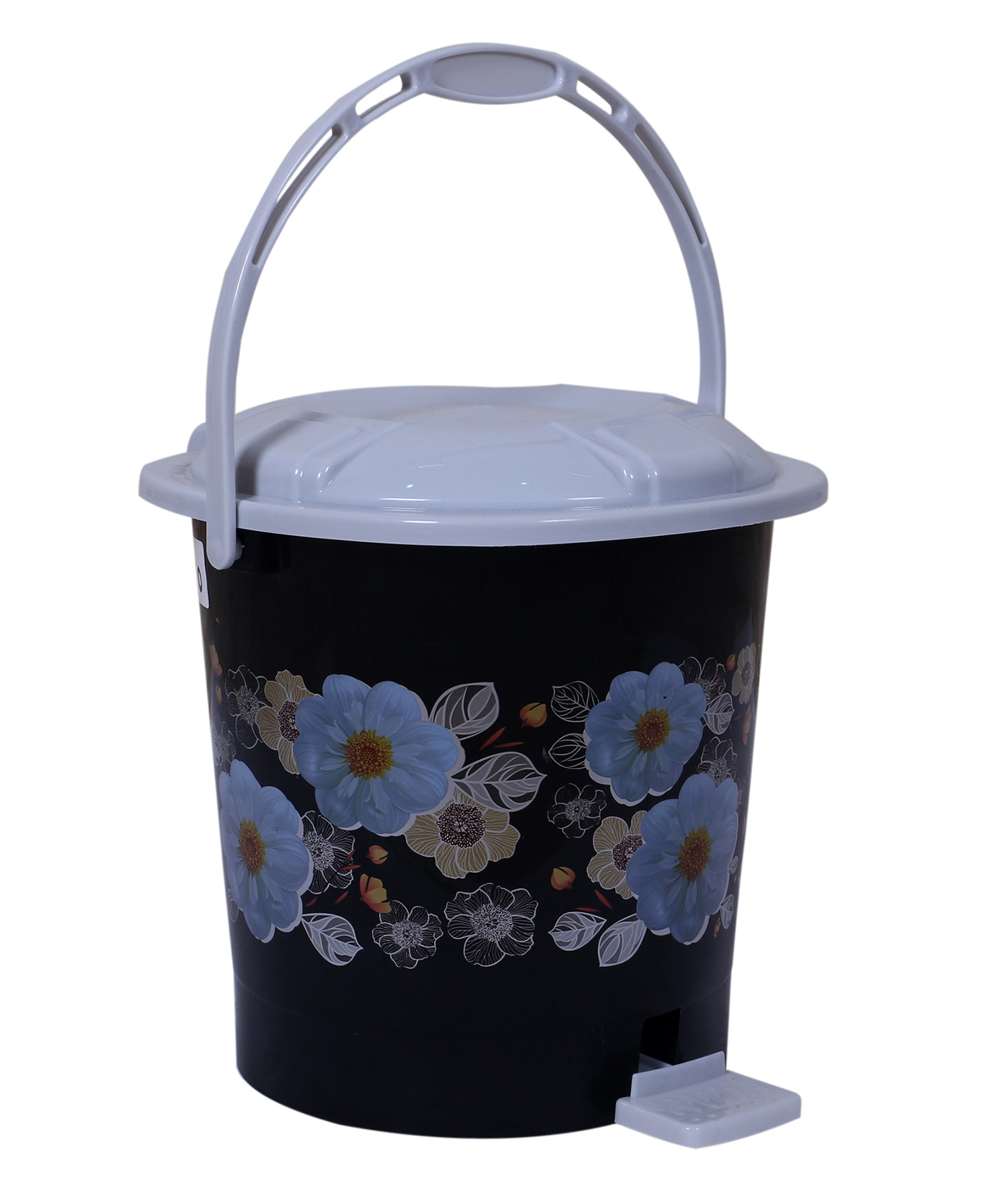 Kuber Industries Durable Flower Print Plastic Pedal Dustbin|Waste Bin|Trash Can For Kitchen & Home With Handle,10 Litre (Black)