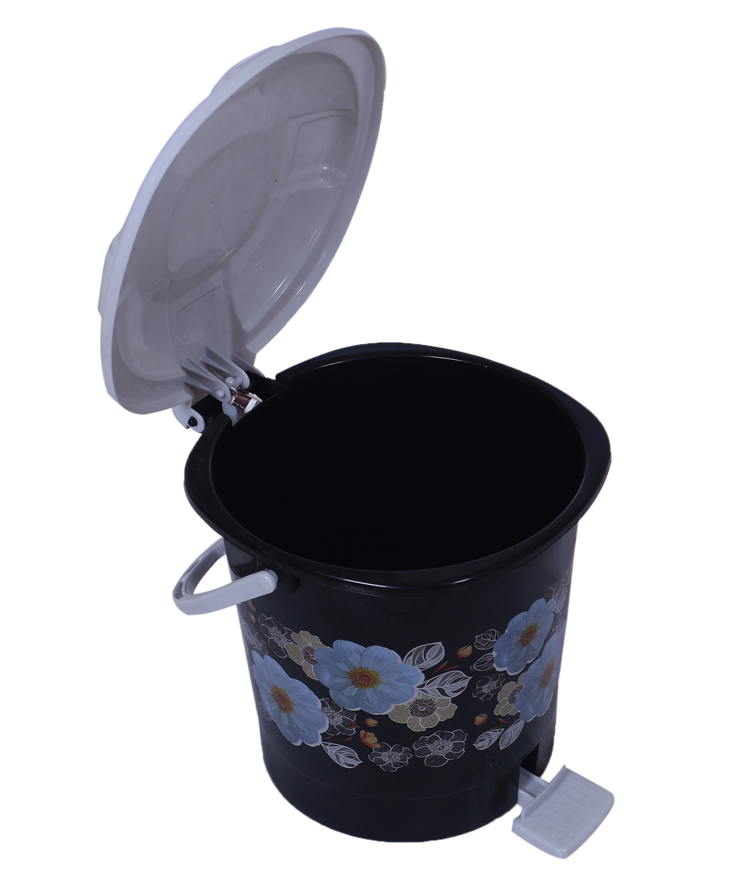 Kuber Industries Durable Flower Print Plastic Pedal Dustbin|Waste Bin|Trash Can For Kitchen & Home With Handle,10 Litre (Black)
