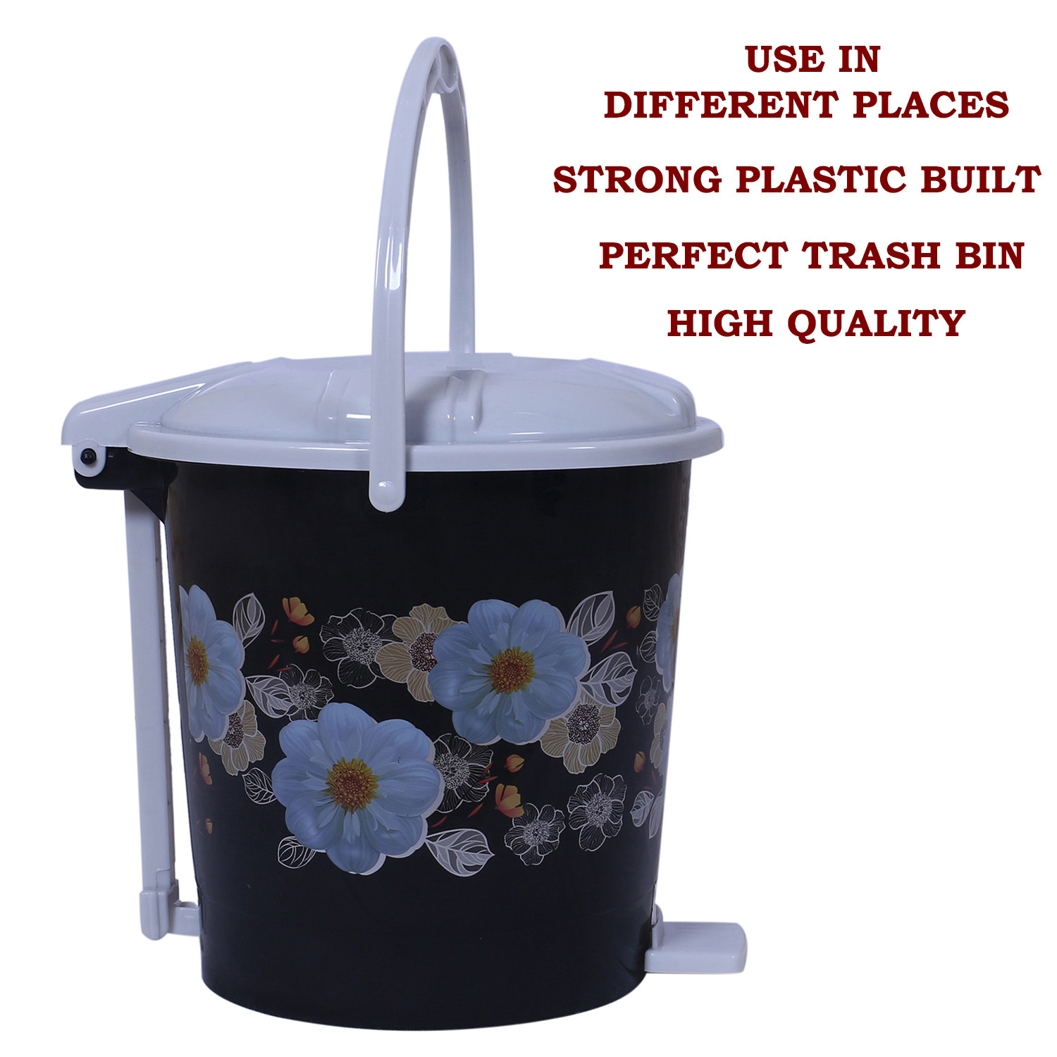 Kuber Industries Durable Flower Print Plastic Pedal Dustbin|Waste Bin|Trash Can For Kitchen & Home With Handle,10 Litre (Black)